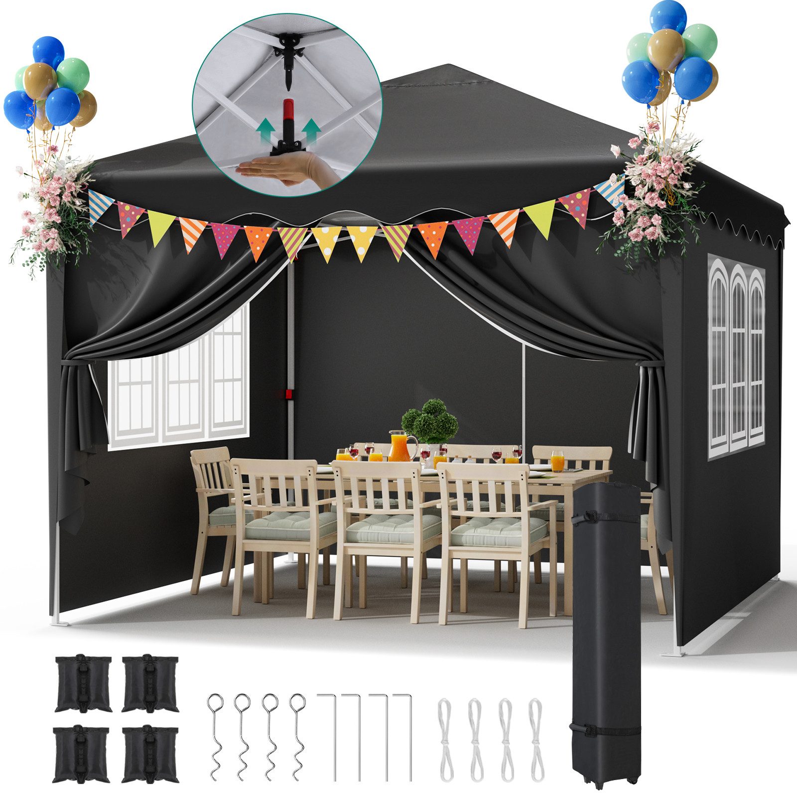 TLGREEN Faltpavillon, Pop up Pavillon 3x3M Wasserdicht Stabil, mit 4 Seitenteilen, (One Push Faltpavillon Wasserdicht Stabil), 420D Oxford Gartenzelt mit 4 Seitenteilen,Gartenpavillon