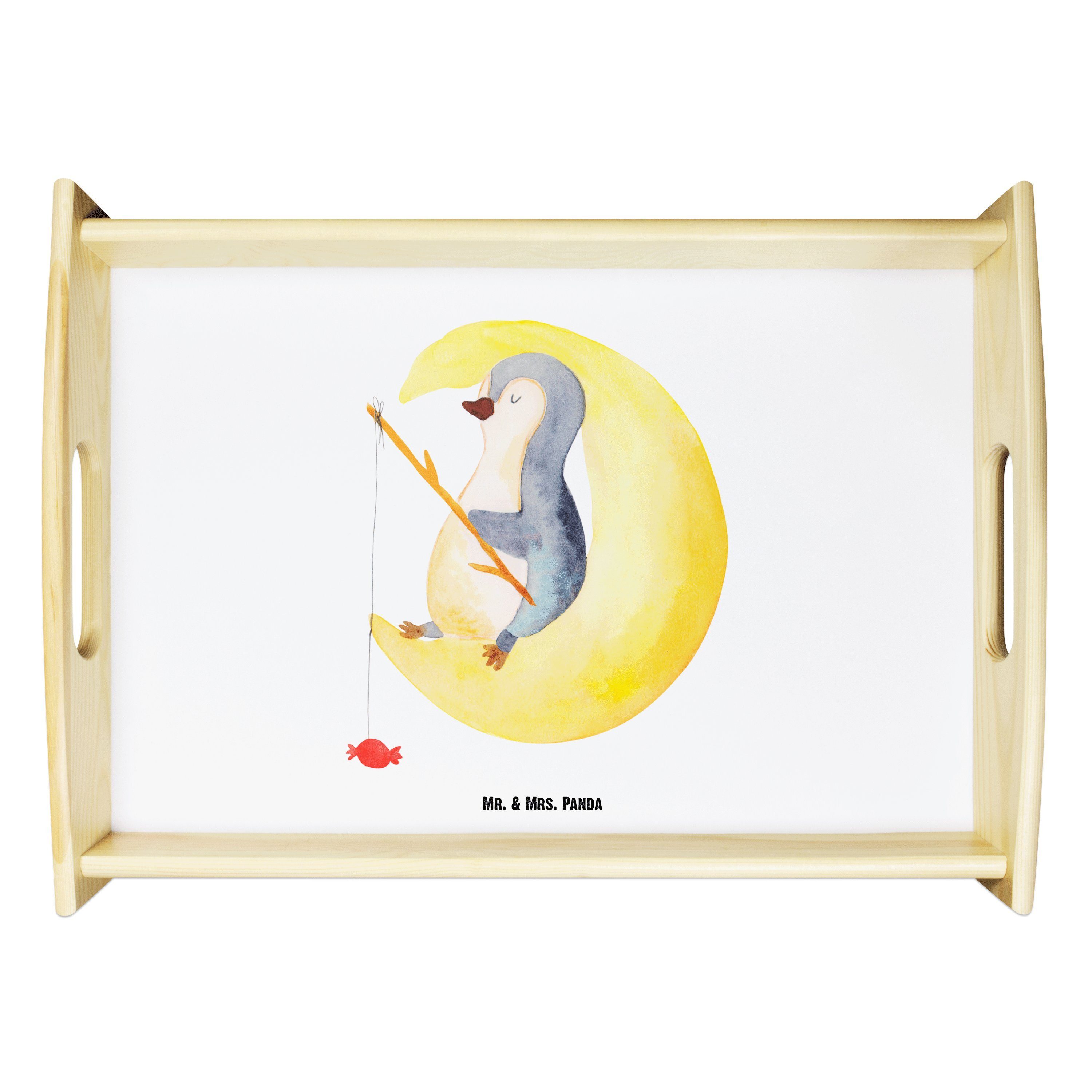 Mr. & Mrs. Panda Tablett Pinguin Mond - Weiß - Geschenk, Tablett, müde, Küchentablett, Schlafz, Echtholz lasiert, (1-tlg)