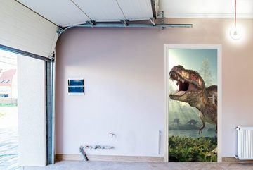 MuchoWow Türtapete Dino - Gras - Zeichnung - Kinder - Jungen, Matt, bedruckt, (1 St), Fototapete für Tür, Türaufkleber, 75x205 cm