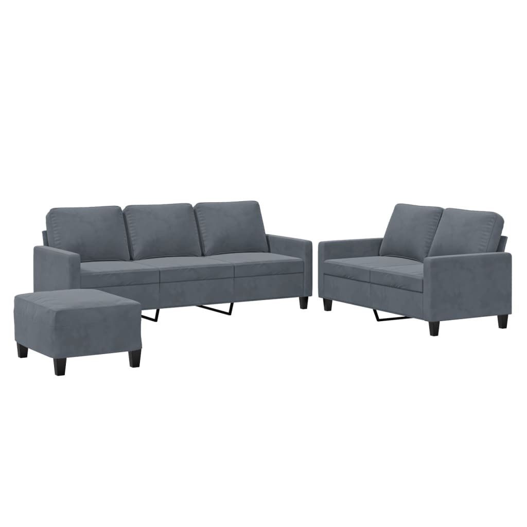 vidaXL Sofa 3-tlg. Sofagarnitur mit Kissen Dunkelgrau Samt, 1 Teile