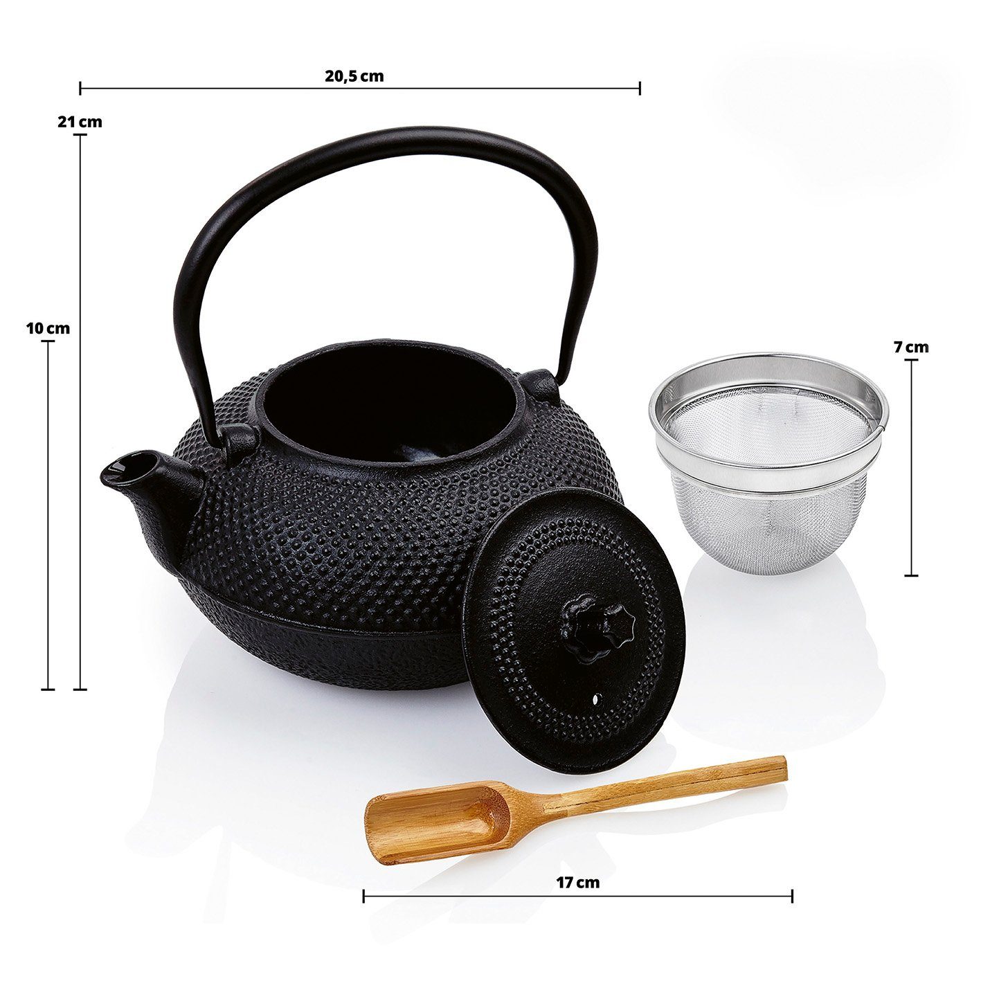 Lumaland Geschirr-Set gusseisernes 8-teiliges Stövchen, und Tradition (8-tlg), Dosierlöffel, Teebecher Sieb 2 asiatischer Tee-Set