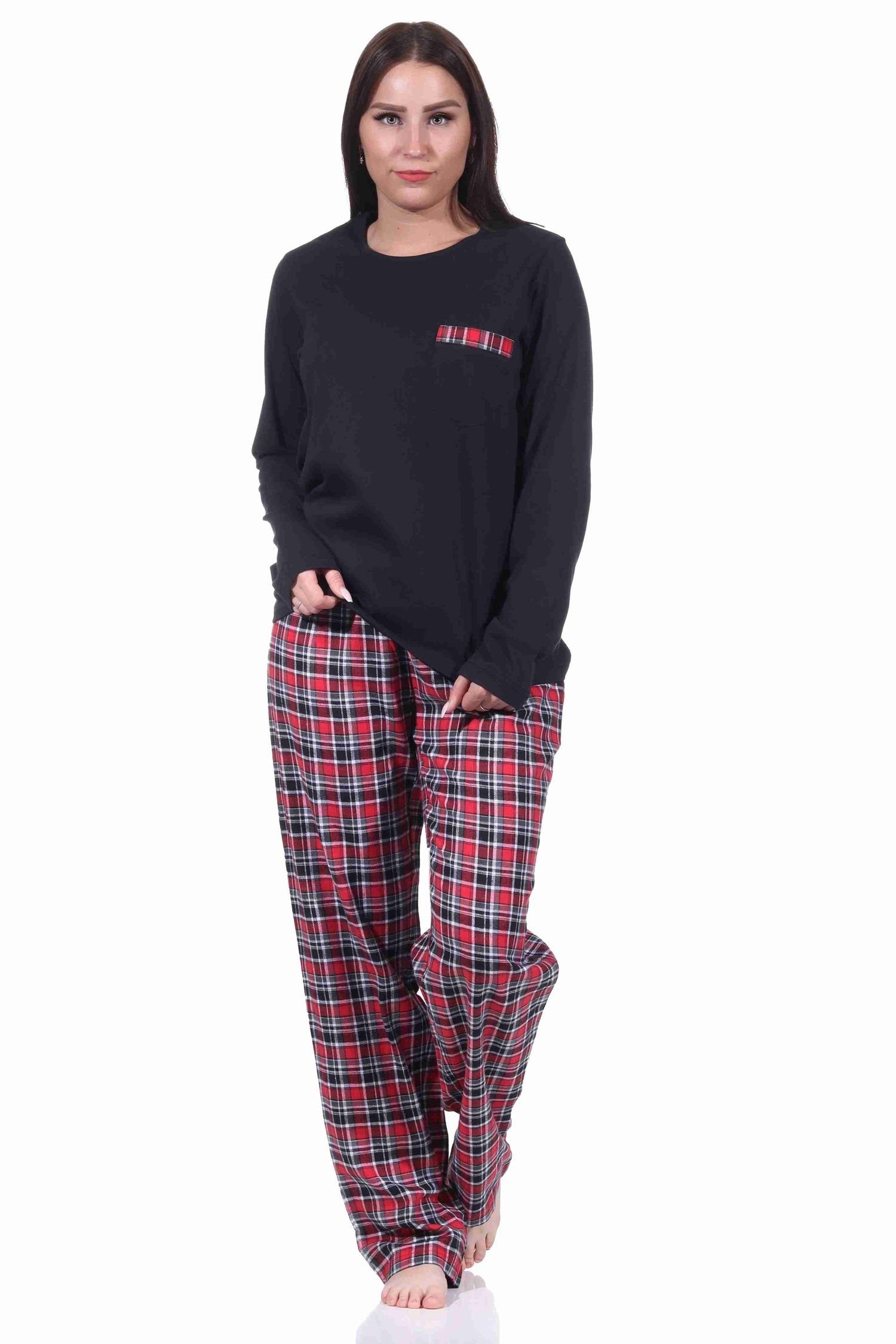 Normann Pyjama Damen Flanell Schlafanzug lang mit Flanell Hose und Jersey Oberteil schwarz