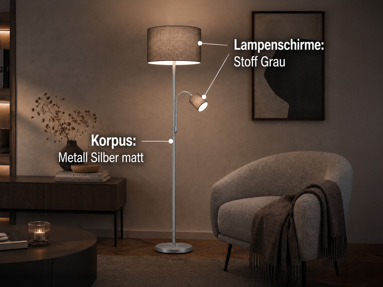 TRIO Leuchten LED Stehlampe mit Leselampe & Stoffschirm Höhe 170cm, dimmbar, LED wechselbar, Warmweiß, Designklassiker Steh-Leuchte groß für Lese-Ecke stehend