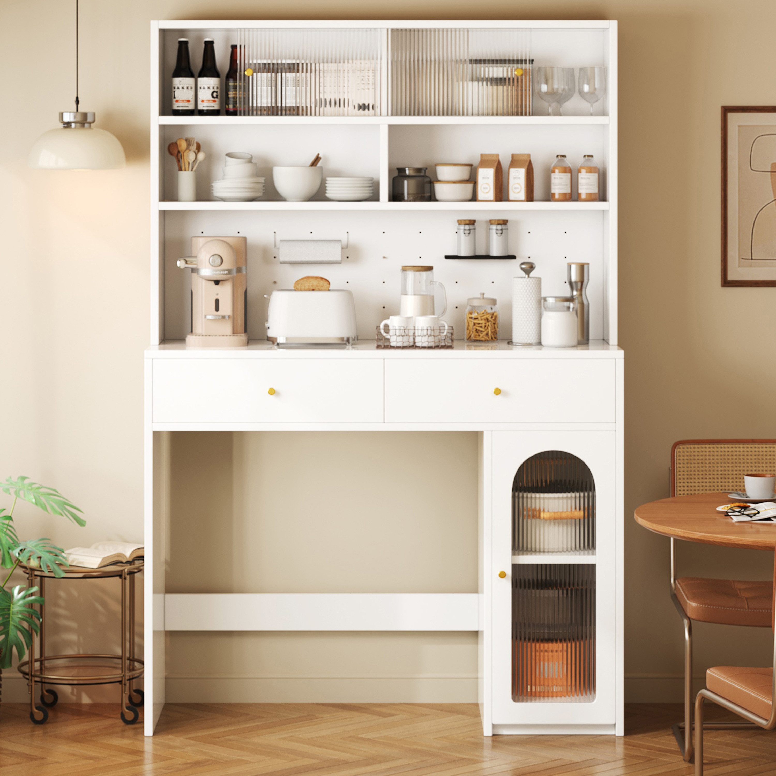 Merax Hochschrank Küchenschrank mit Arbeitsfläche & integrierter Barfunktion (perfekt für Küche/Esszimmer/Wohnzimmer, 1-St) Sideboard mit Hakenleiste und Stauraum, Kommode Schrank 120x45x180cm