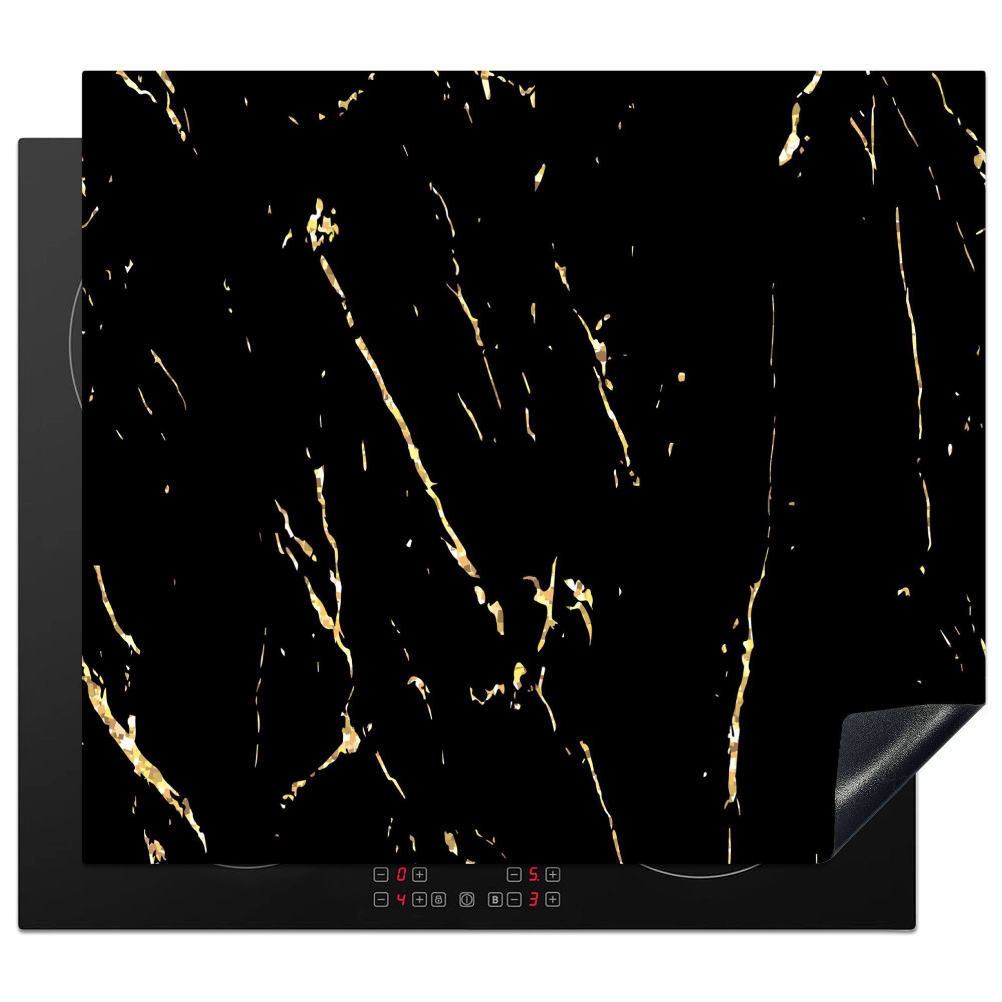 MuchoWow Herdblende-/Abdeckplatte Marmor - Schwarz - Gold - Luxus, Vinyl, (1 tlg), 59x52 cm, Ceranfeldabdeckung für die küche, Induktionsmatte