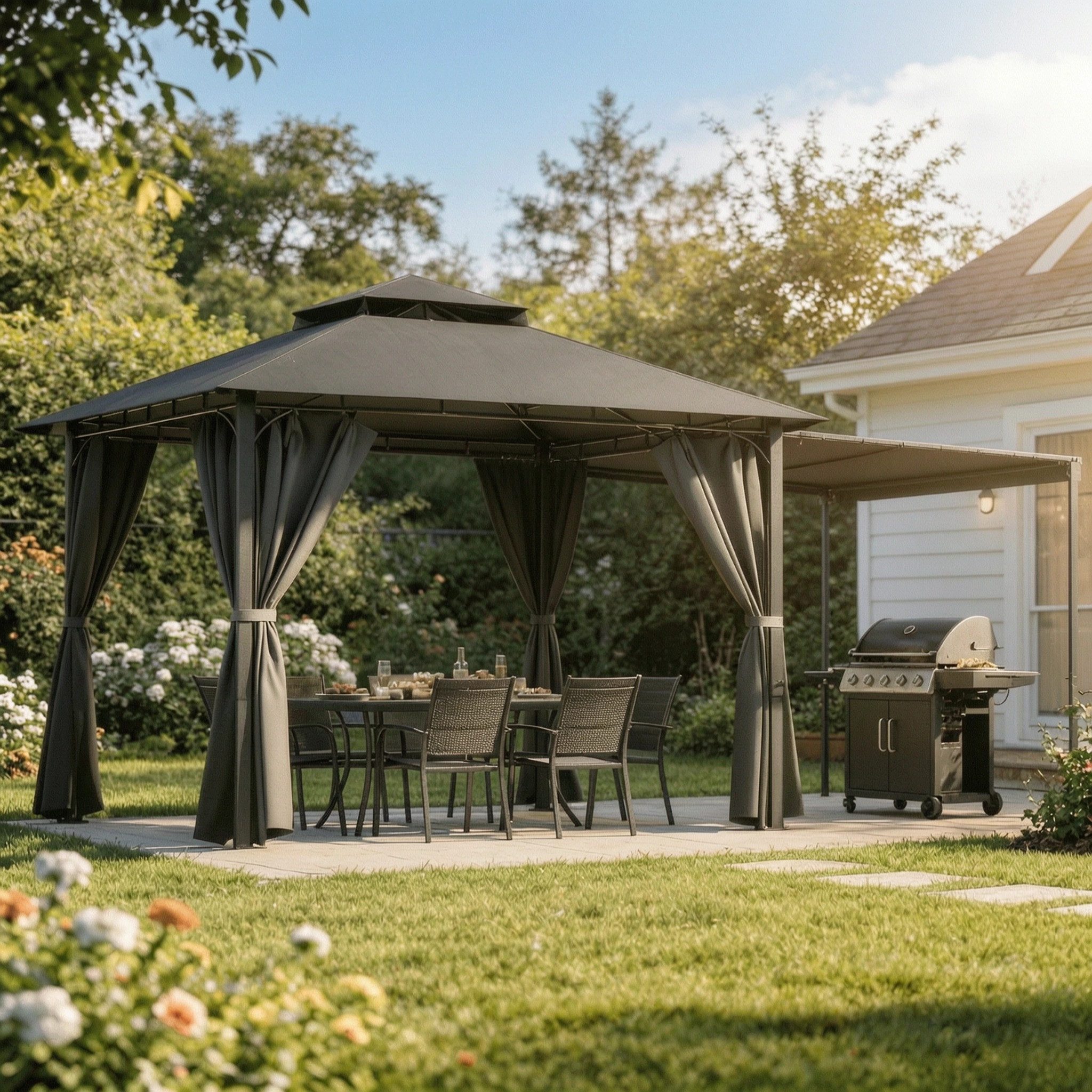 HOMALL Pavillon Extend Grillpavillon, mit 1.8m ausklappbarer Seitenveranda, mit 4 Seitenteilen, (Ausziehbarer Seitenmarkise flexibel verstellbare Schattenflächen), Verstellbarer Pavillon 3–4,7 m, mit Moskitonetz für 6-10 Personen