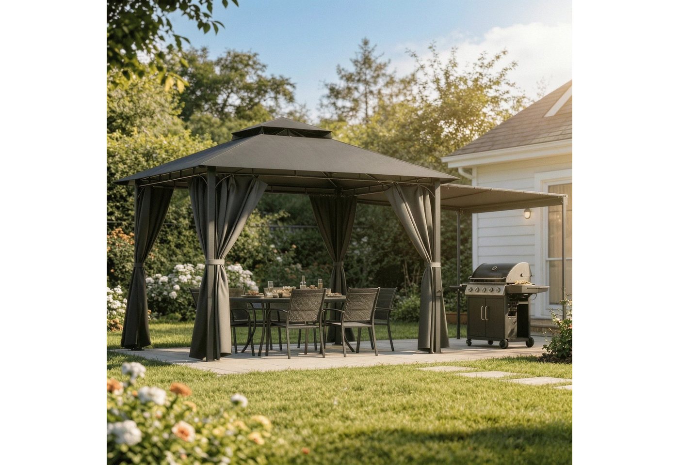 HOMALL Pavillon Extend Grillpavillon, mit 1.8m ausklappbarer Seitenveranda, mit 4 Seitenteilen, (Ausziehbarer Seitenmarkise flexibel verstellbare Schattenflächen), Verstellbarer Pavillon 3–4,7 m, mit Moskitonetz für 6-10 Personen