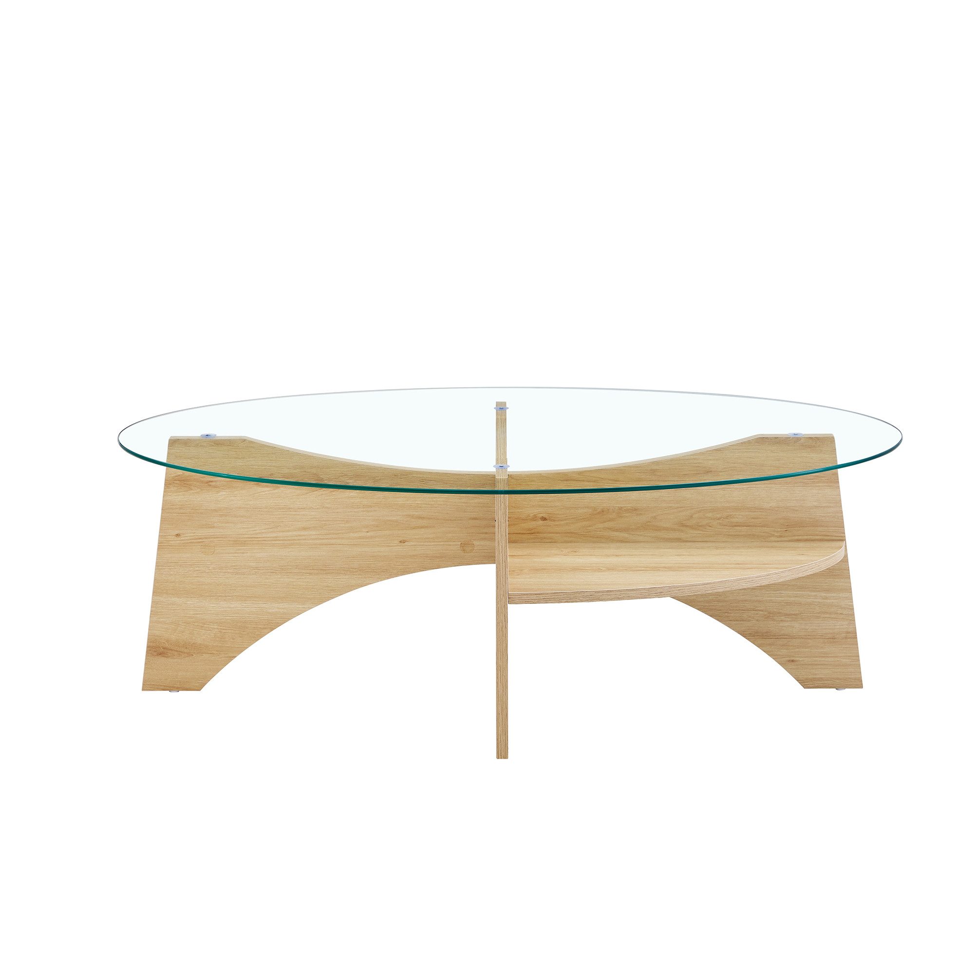 gopop Wohnzimmertisch oval aus Glas mit Stauraum, 6mm Glasstärke, 105x36cm (1-St), Moderner Couchtisch mit Holzgestell