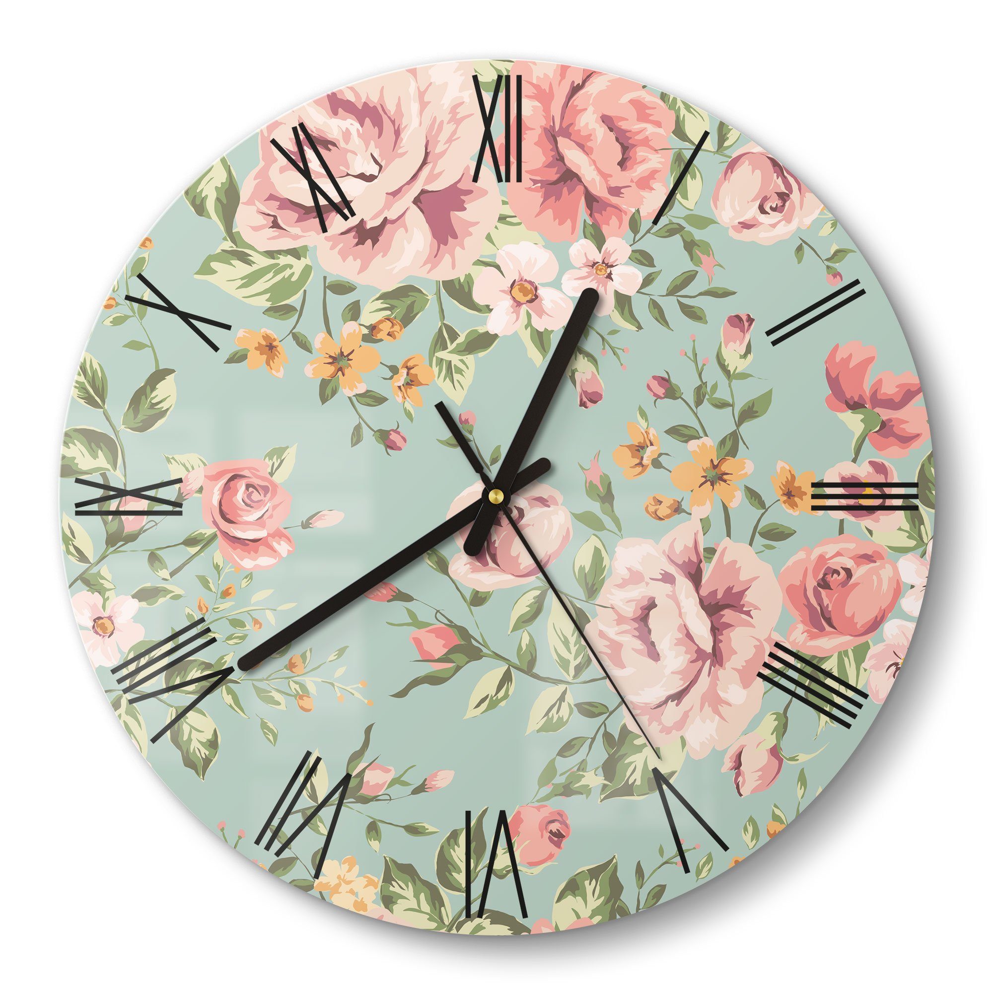 DEQORI Wanduhr 'Tapete mit Blumenmuster' (Glas Glasuhr modern Wand Uhr Design Küchenuhr)