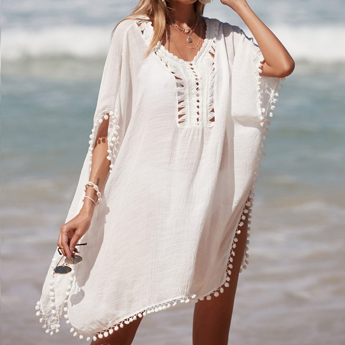 MOPUEA Blusenkleid Strandkleid, entspannter Komfort, Handkragen, Strandschutz (1-tlg) gehäkelte Strandkleid Sommer