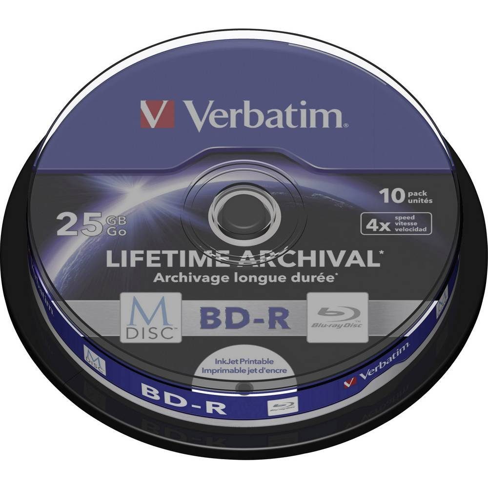Verbatim Blu-ray-Rohling M-Disc BR-D 25GB 4x 10er bedruckbar 43825, Bedruckbar