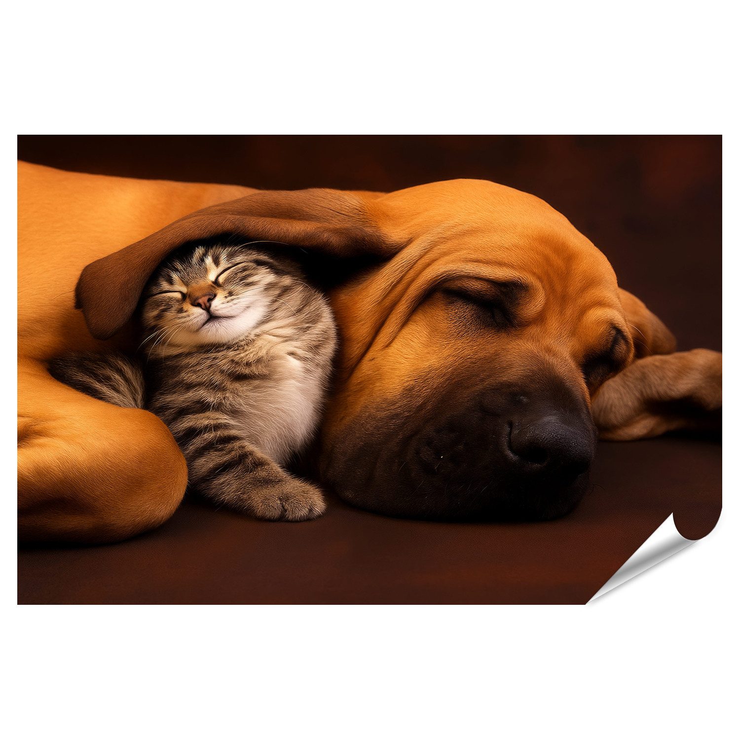 islandburner Poster Hund und Katze kuscheln gemütlich im Schlaf vereint auf braunem Hinter