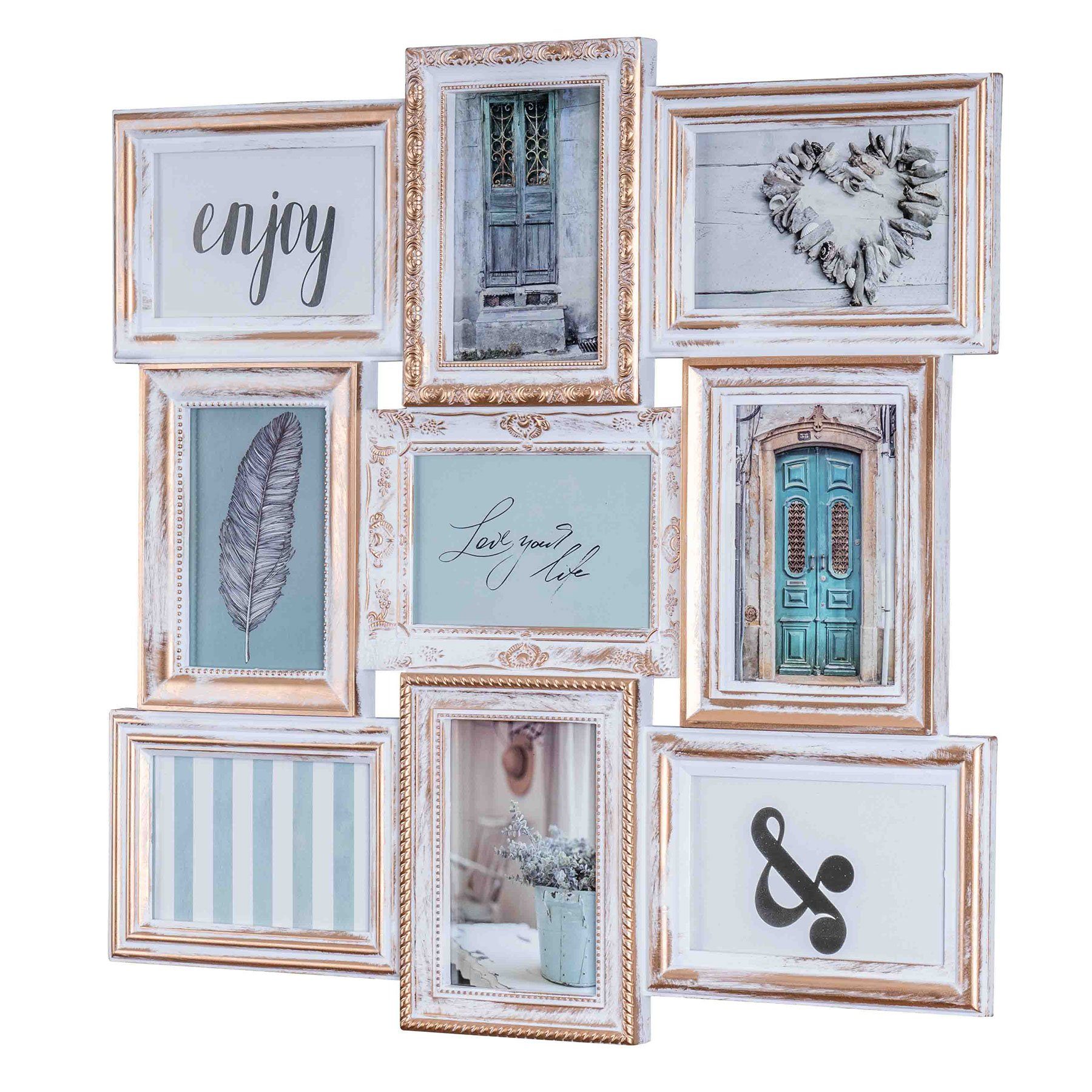 Levandeo® Bilderrahmen Collage, Bilderrahmen weiß gold gewischt 9 Fotos Bar günstig online kaufen