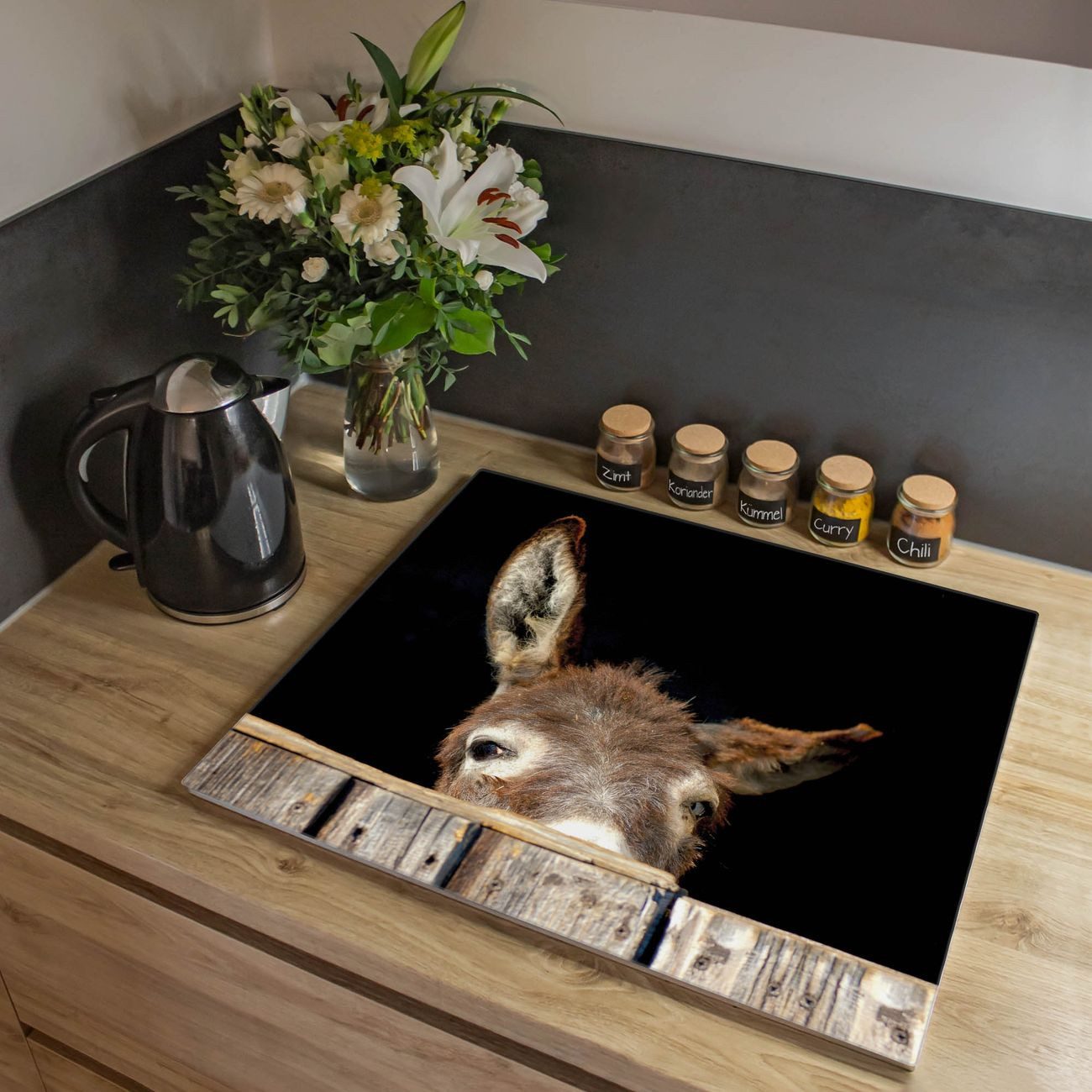 banjado Herd-Abdeckplatte einteilig aus Glas mit Motiv Esel, (gehärtet, 1 tlg., inkl. selbstklebende Gummifüßchen)