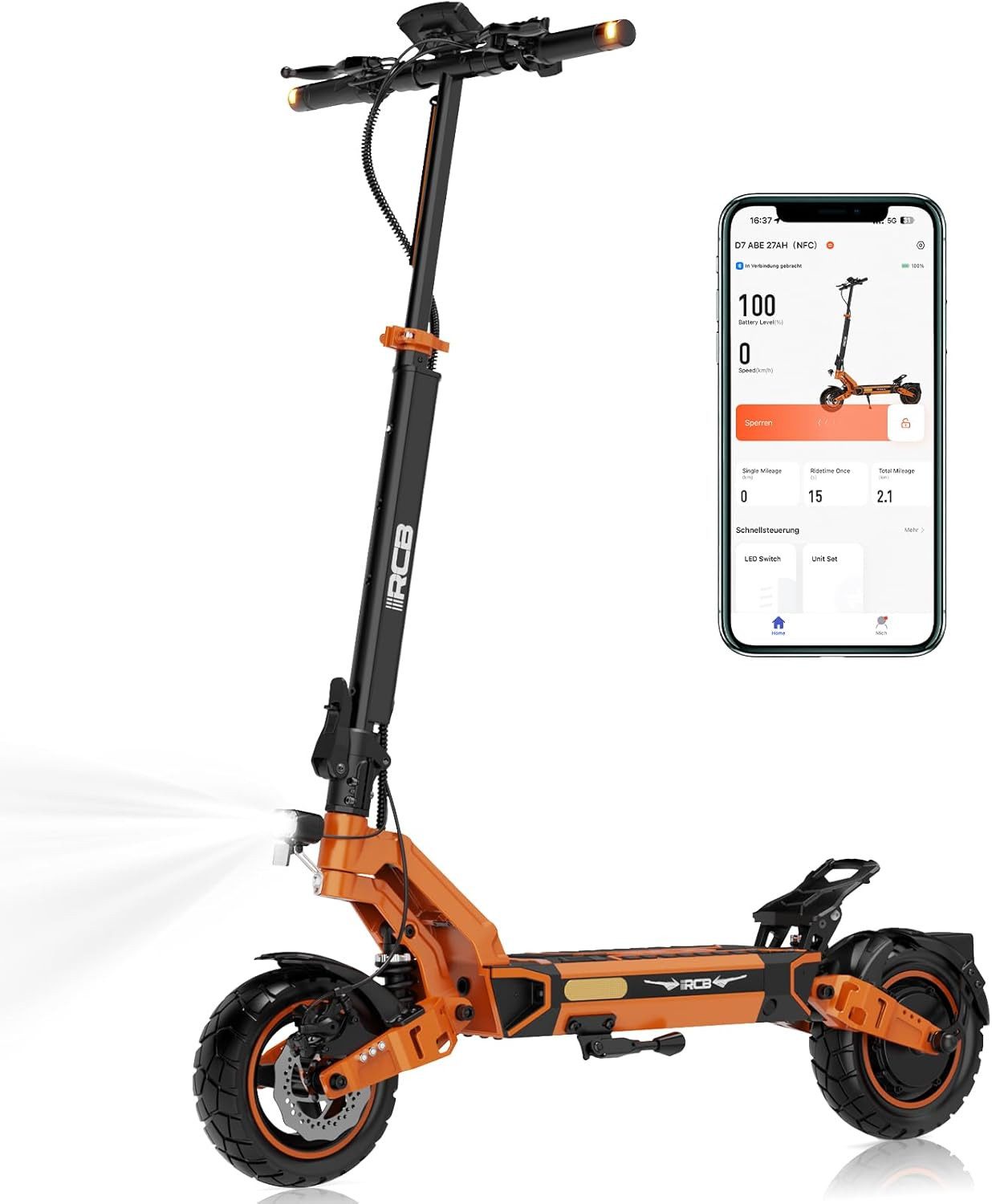 RCB TECH E-Scooter D7 Pro Ultra mit Straßenzulassung NFC Blinker App bis 120km Reichweite, 500 W, 20 km/h, 1600 W Peaklleistung, 150 kg Gesamtmasse