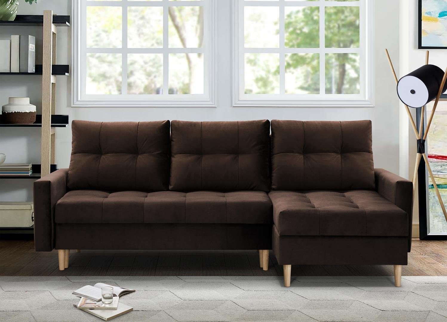 Beautysofa Polsterecke HALANT, im Skandinavischen Sitl, Frei im Raum Polsterecke, mit Bettfunktion, Bettkasten, Federkerns Braun (kronos 06)