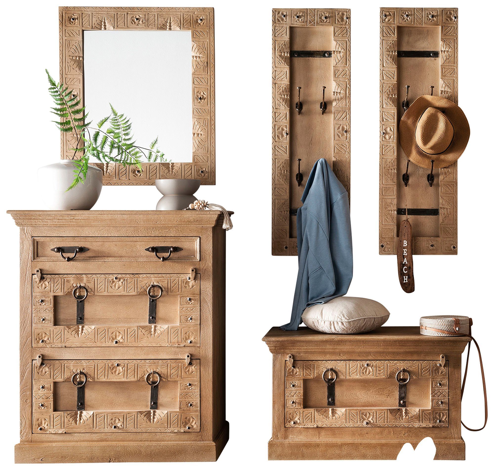 SIT Garderoben-Set, (Set, 5-St., Dielen-Set), Front mit aufwändigen Schnitzereien, Ringgriffe & Beschläge aus Metall