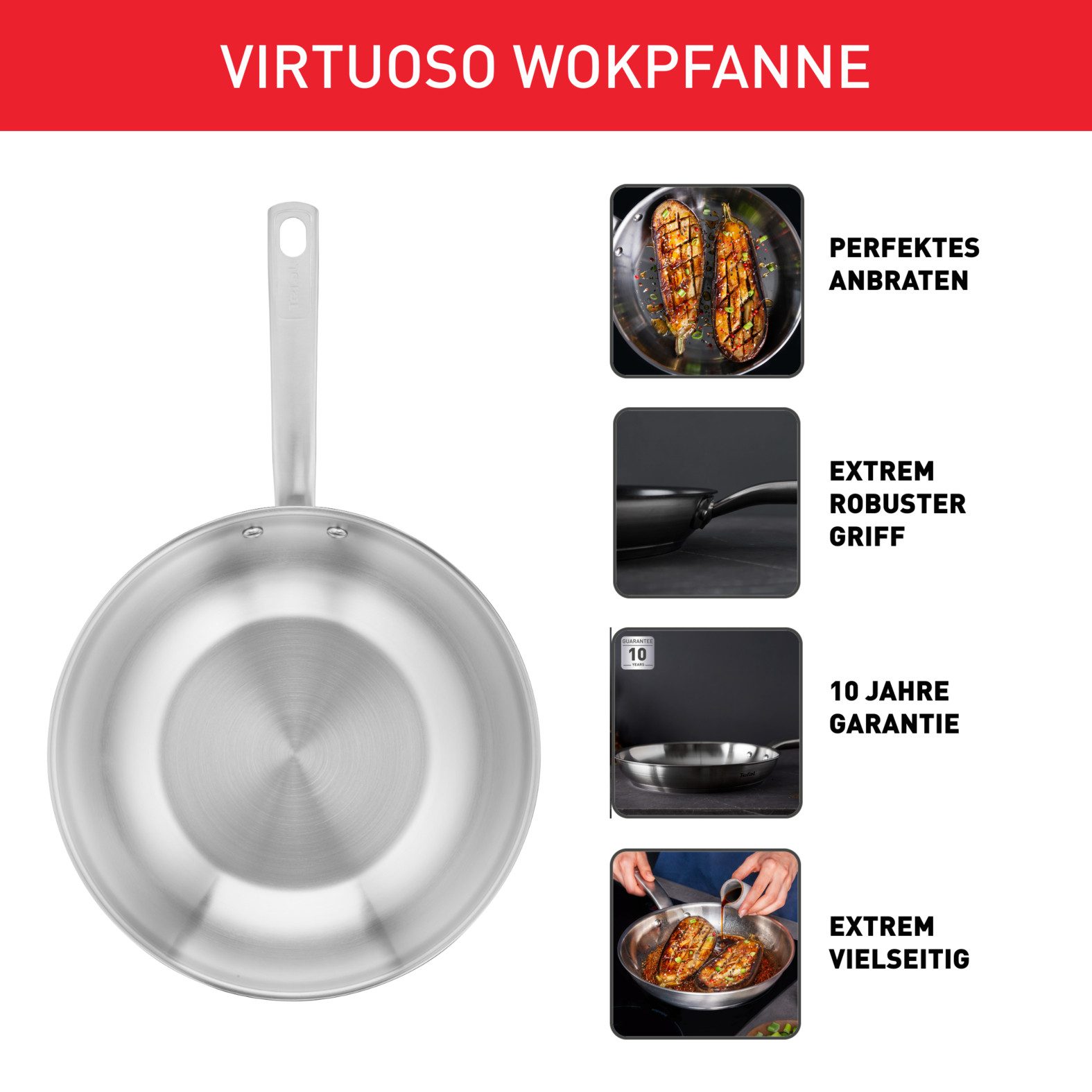 Tefal Wok Wokpfanne Virtuoso Induktion 28 cm, Edelstahl (1-tlg), hochwertiger Premium-Edelstahl, unversiegelt, für alle Herdarten