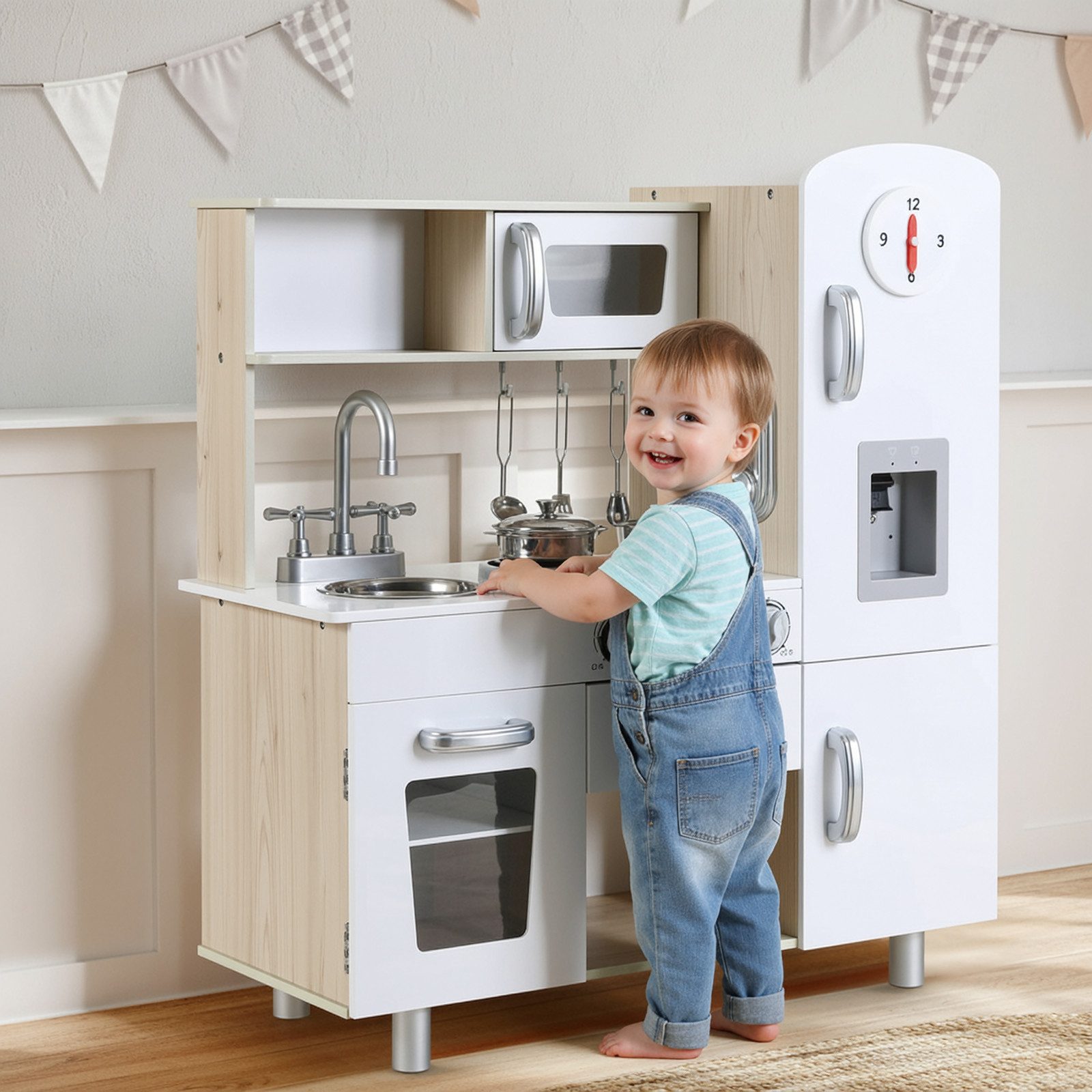 TLGREEN Spielküche mit Licht und Sound, Spielzeugküche für Kinder 81x74x30 cm, Kinderküche Holz,Puppenküche mit Herd, Eismaschine, Telefon, Uhr