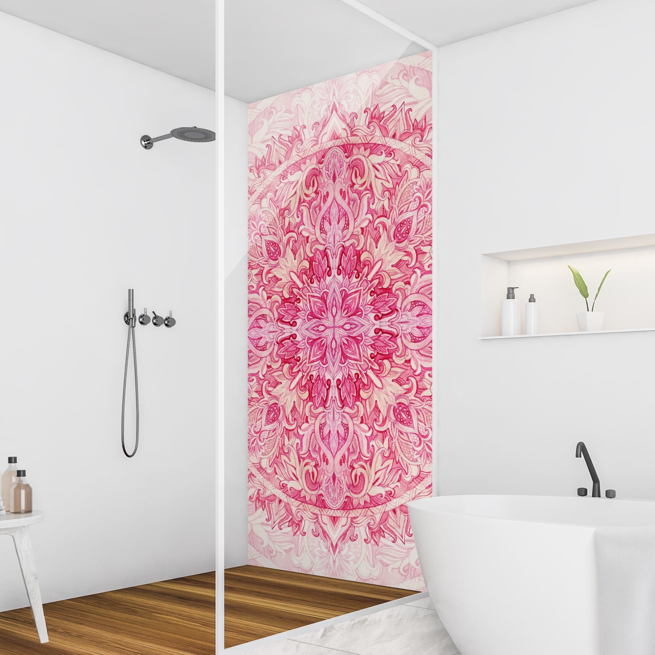 Bilderdepot24 Duschrückwand Mandala pink Duschrückwand ohne Bohren Dusche Aquarell, (1-tlg., 0,61 mm starke Folie selbstklebend Wandpaneele Dusche versch. Größen), fugenlose & wasserfeste Motiv Rückwand Wandverkleidung für Duschkabine