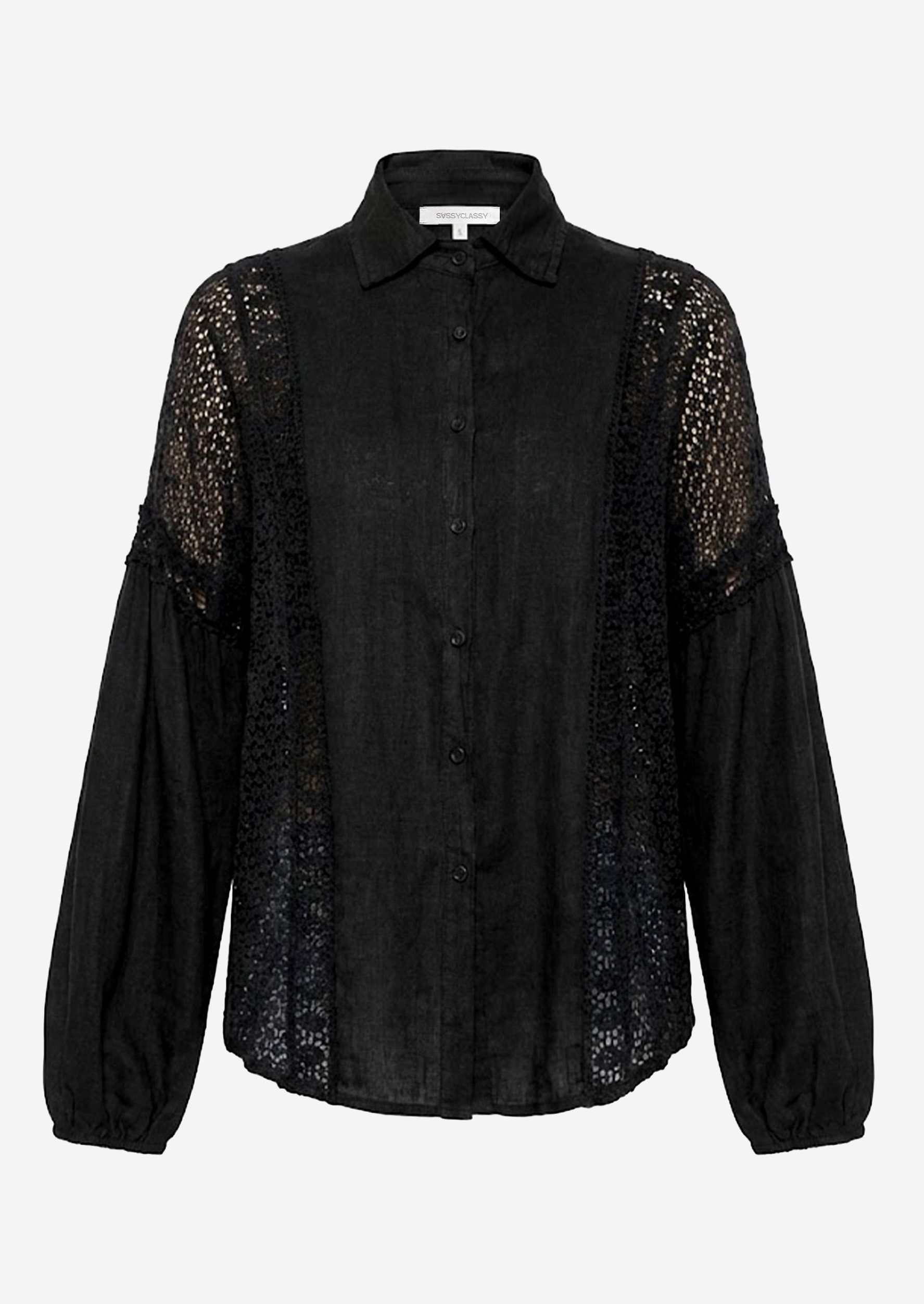 SASSYCLASSY Langarmbluse Leinen Bluse Damen mit Spitzeneinsätzen Oversize Blusenhemd Elegant mit Spitze und V-Ausschnitt Schwarz Weiß