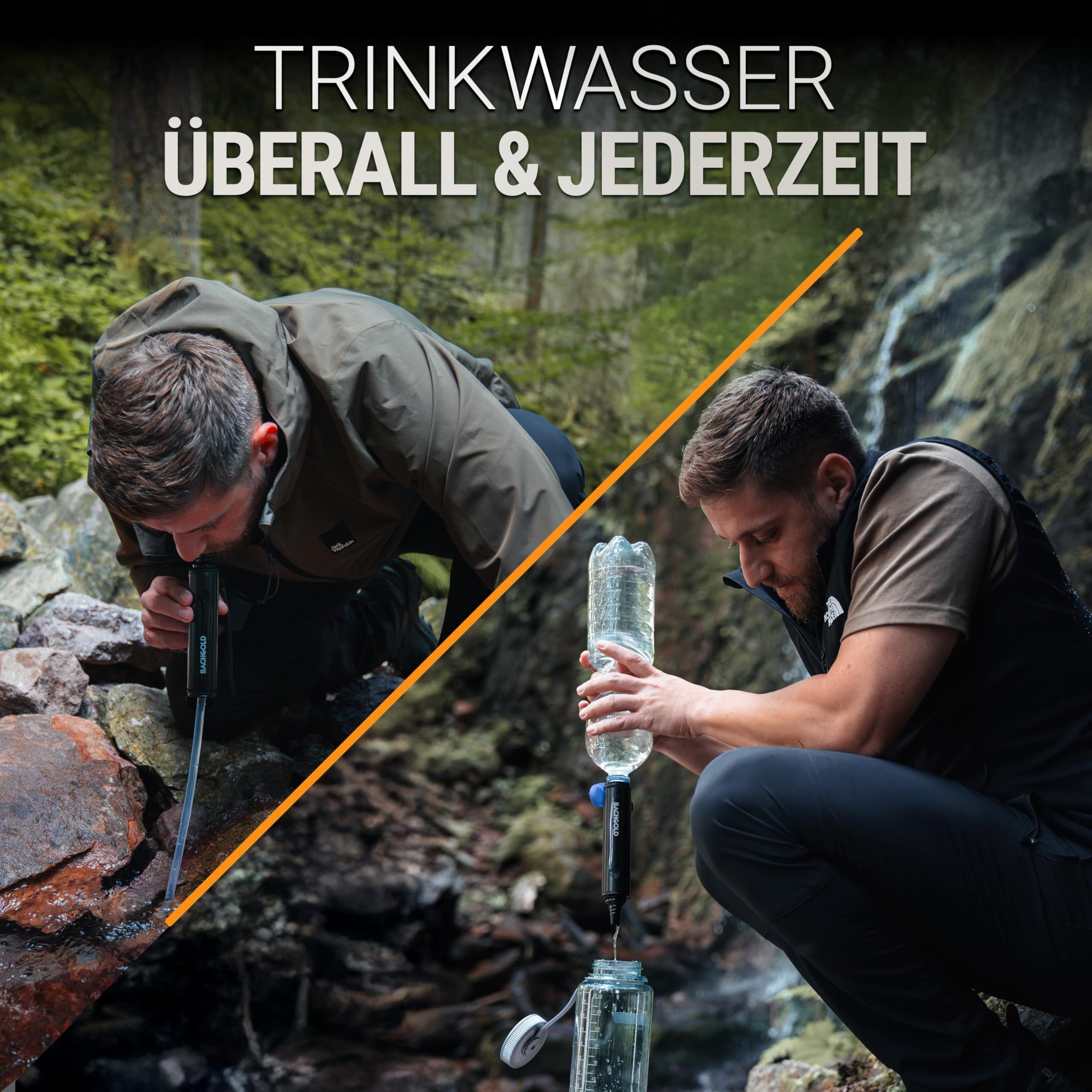 BACHGOLD Wasserfilter Straw - Outdoor Survival – Ultraleichte Prepper Ausrüstung, Zubehör für Liefert bis zu 500L Frisches Trinkwasser für Jeden Ernstfall, inkl. Schlauch, Langlebig Konstruiert