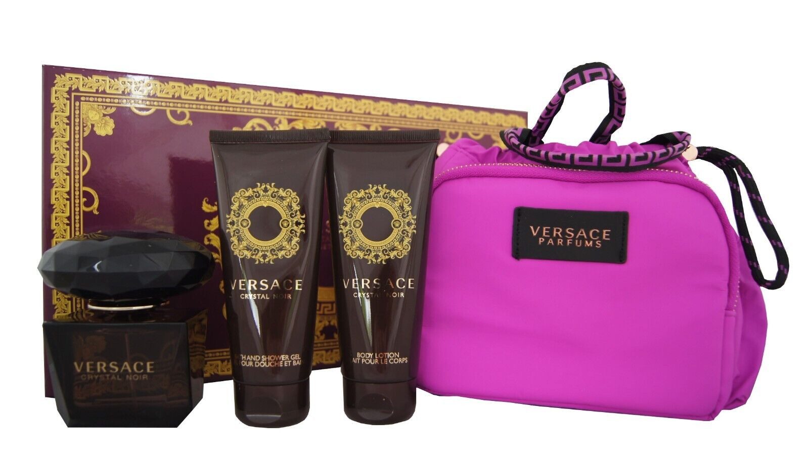 Versace Duft-Set Versace Crystal Noir Eau de Toilette 90ml + SG + Body Lotion & Case, 1-tlg.
