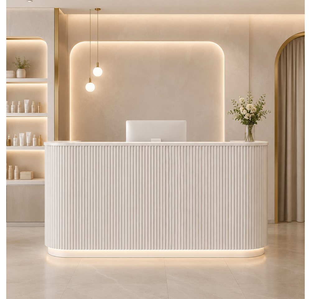Muxing Empfangstheke Geschwungene,mit Rillenfront und LED-Lichtstreifen (1-St), modern, vielseitig, sofort einsatzbereit, 80 x 100 x 60 cm, Beige