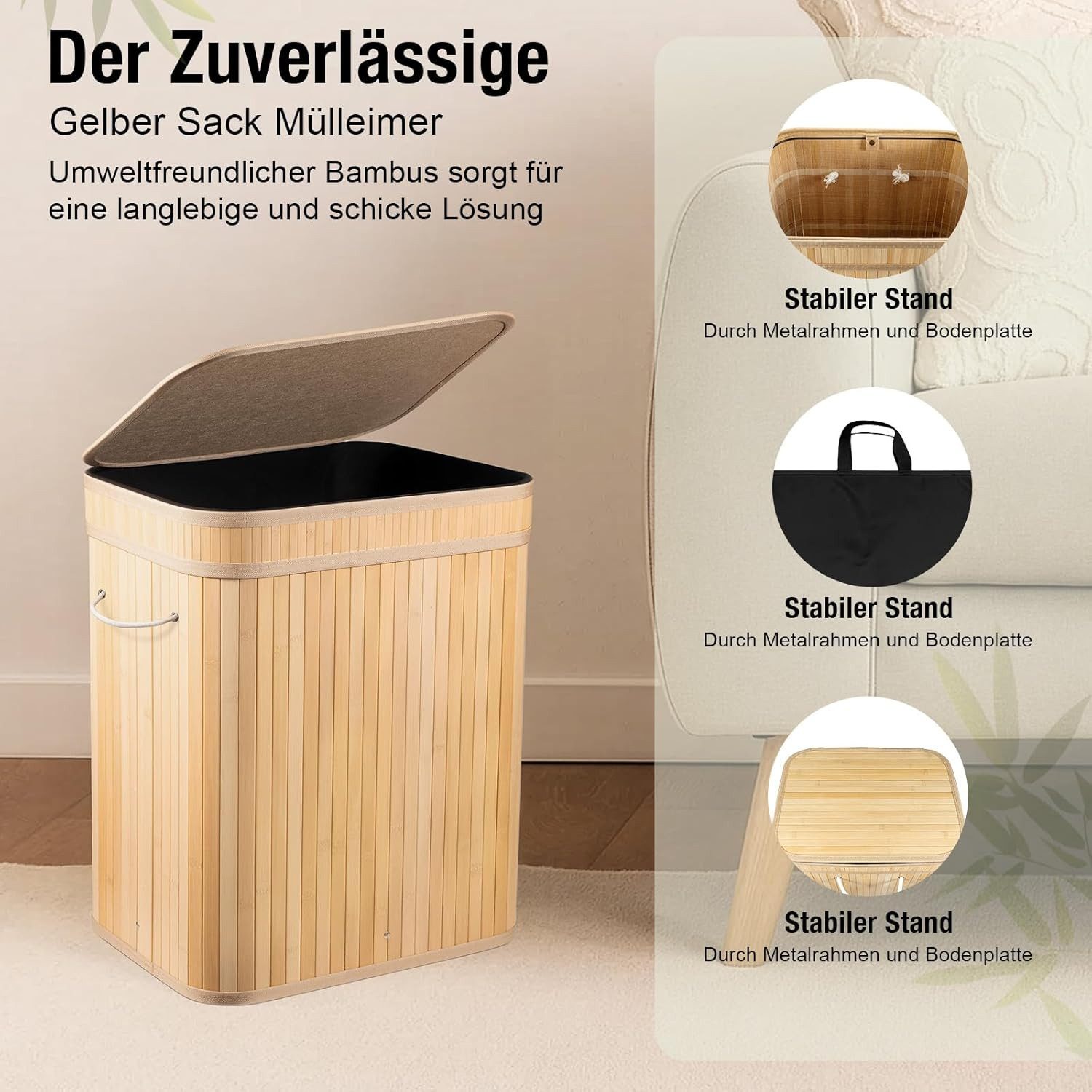 Youyijia Müllsackständer Bambus Müllsackständer mit Deckel – Stabiler Mülleimer für Gelbe Säcke – Bild 4 von 5