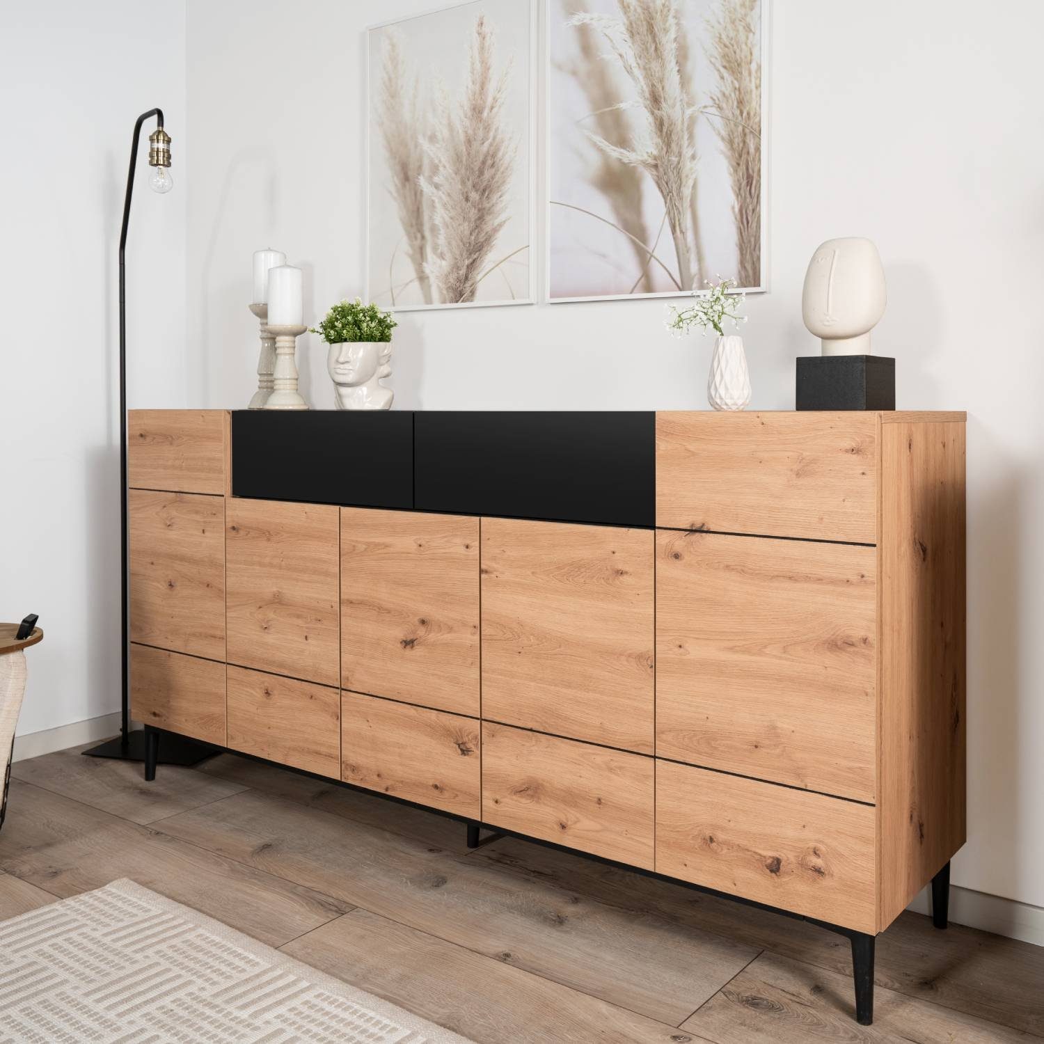 Homestyle4u Kommode Sideboard Wohnzimmerschrank Eiche Holz in Natur Schwarz Schublade, 12 Fächer, viel Stauraum