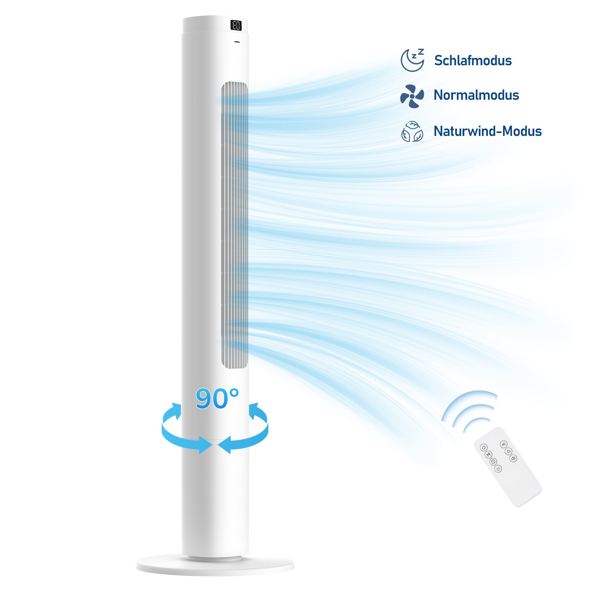 WHEELYOU Turmventilator 114 cm mit Fernbedienung, 90° Oszillation, LED-Display & 9h-Timer, 3 Modi, 4 Stufen, Raumtemperaturanzeige, 400 m³/h, 15–25 m²