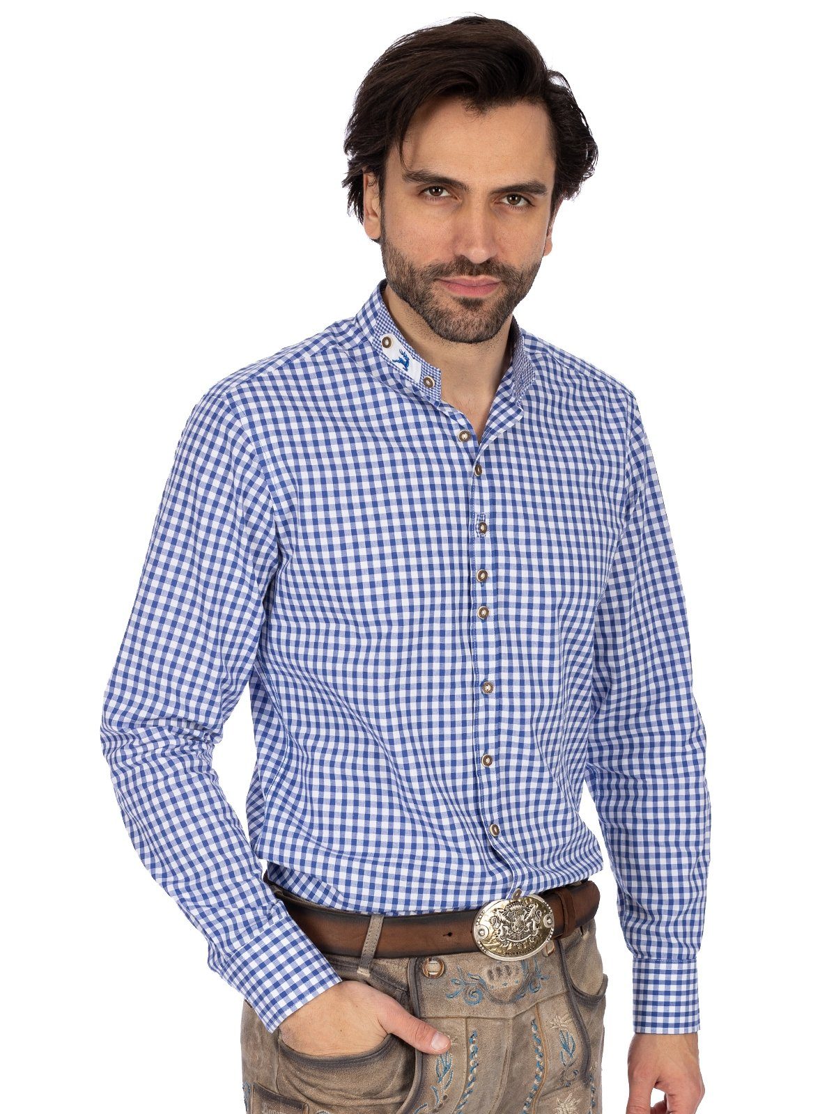 OS-Trachten Trachtenhemd Stehkragenhemd DORIAN blau (Slim Fit)