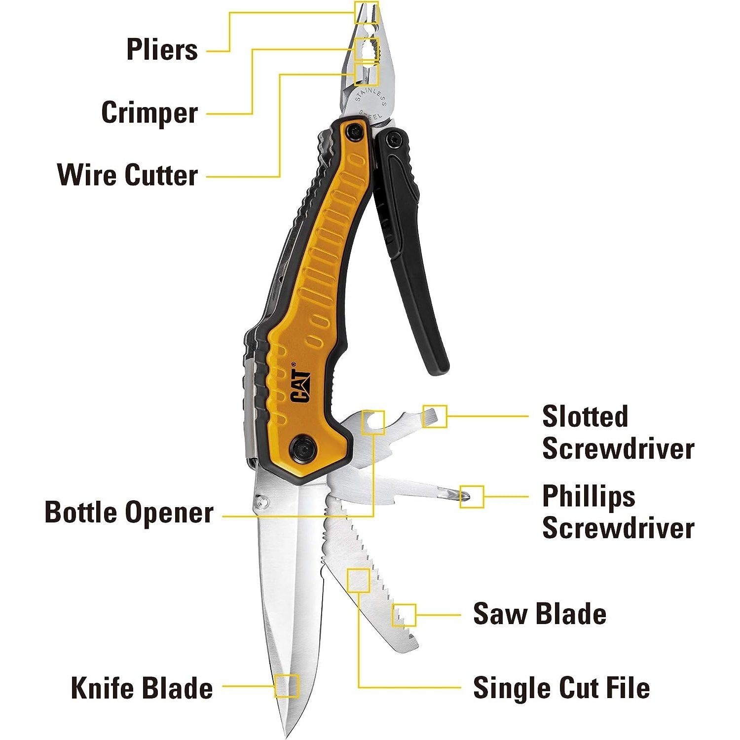 CAT Multitool Caterpillar Multitool XL mit Werkzeugen aus Edelstahl, 9 in 1 CAT-Werk