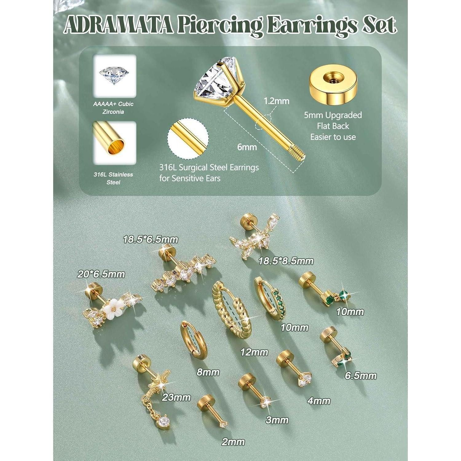 LuxusKollektion Piercing-Set Piercings 12er Set Helix Tragus Conch Ohrstecker CZ Gold-grüncz – Bild 3 von 5