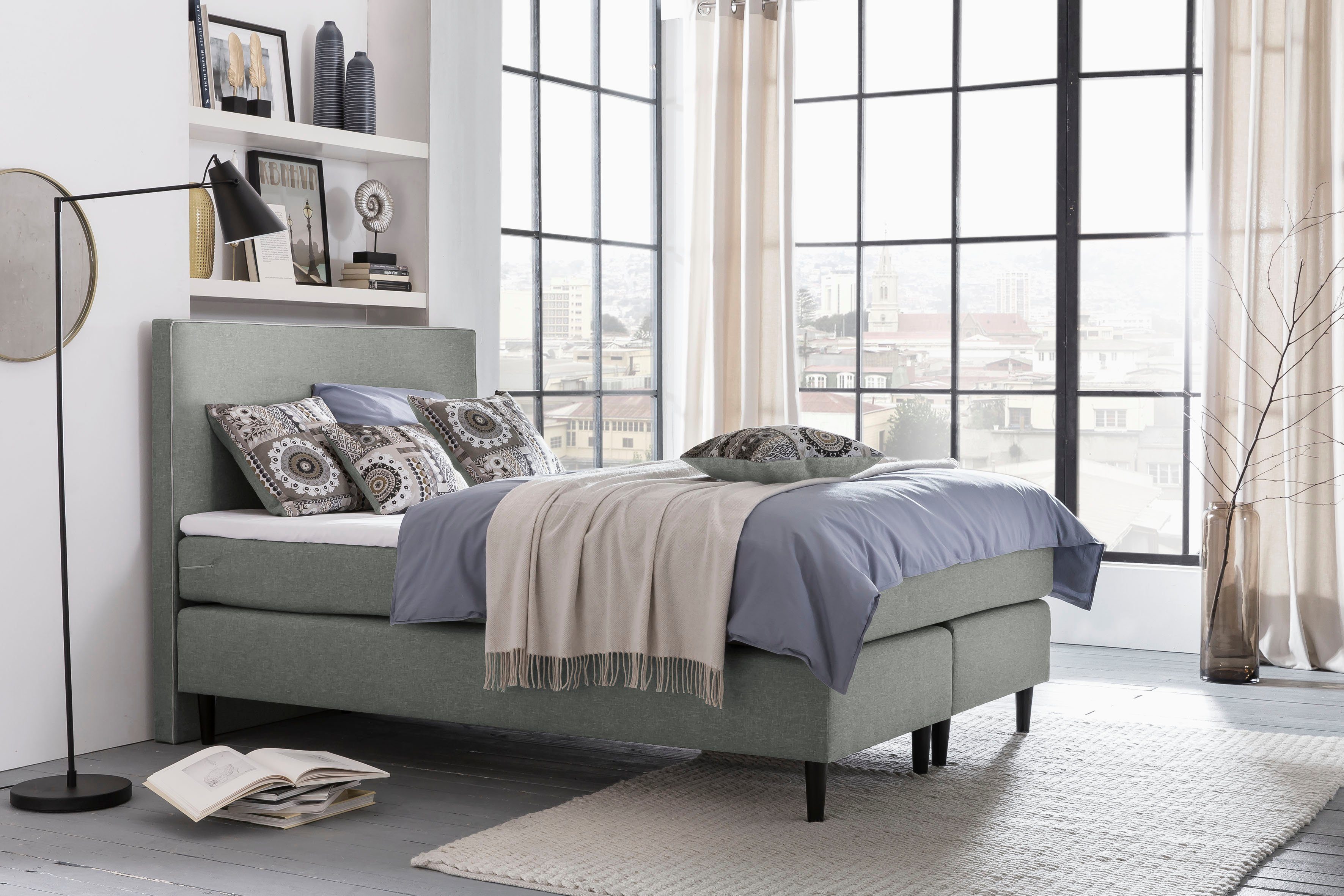 grüne betten Boxspringbett Luisa, mit Tonnentaschenfederkern-Matratze, Topper und Zierkissen, 100% vegan