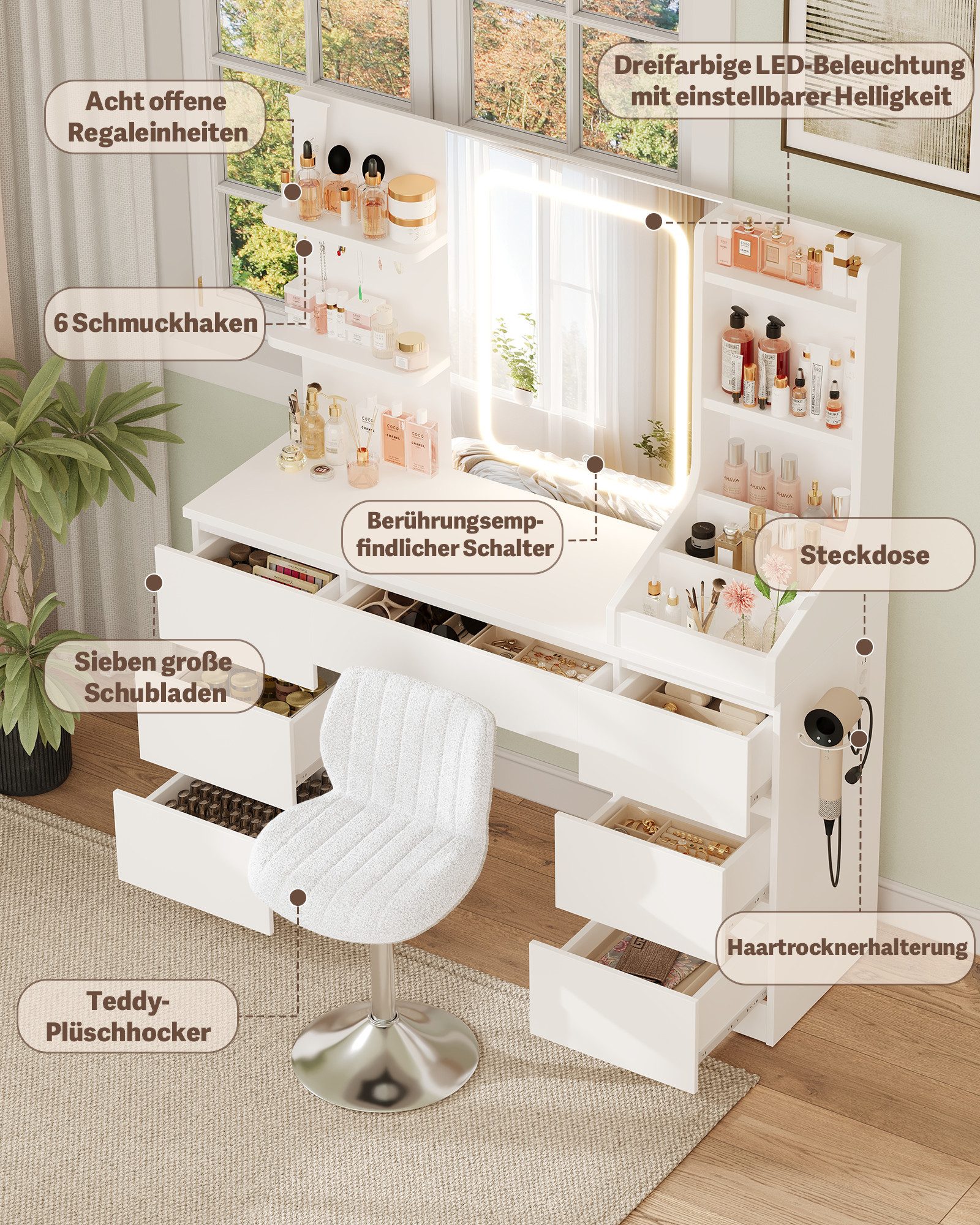 HOMALL Schminktisch Spiegel mit LED-Beleuchtung, 7 Schubladen (Maße: 110 × 40 × 139 cm, drei einstellbare Farbtemperaturen, mit 8 offenen Ablagefächern, 6 Schmu – Bild 4 von 5