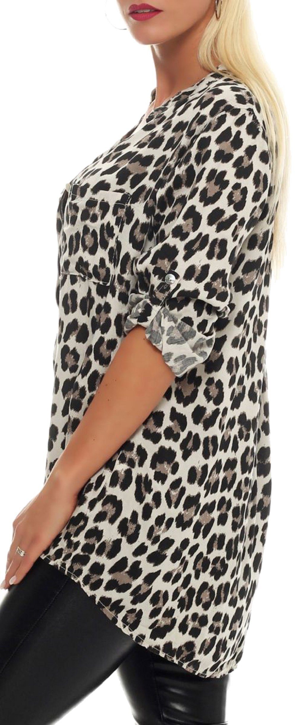 malito more than fashion Schlupfbluse malito Damen Bluse mit Leo Muster, Tunika mit ¾ Armen, Longsleeve Animal Print mit 3/4 Armen Einheitsgröße