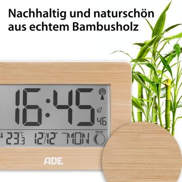 ADE Funktischuhr Digitale Tischuhr und Wanduhr mit großem Display Funkuhr aus Bambus mit Temperaturanzeige, digitaler Wecker, Kalender