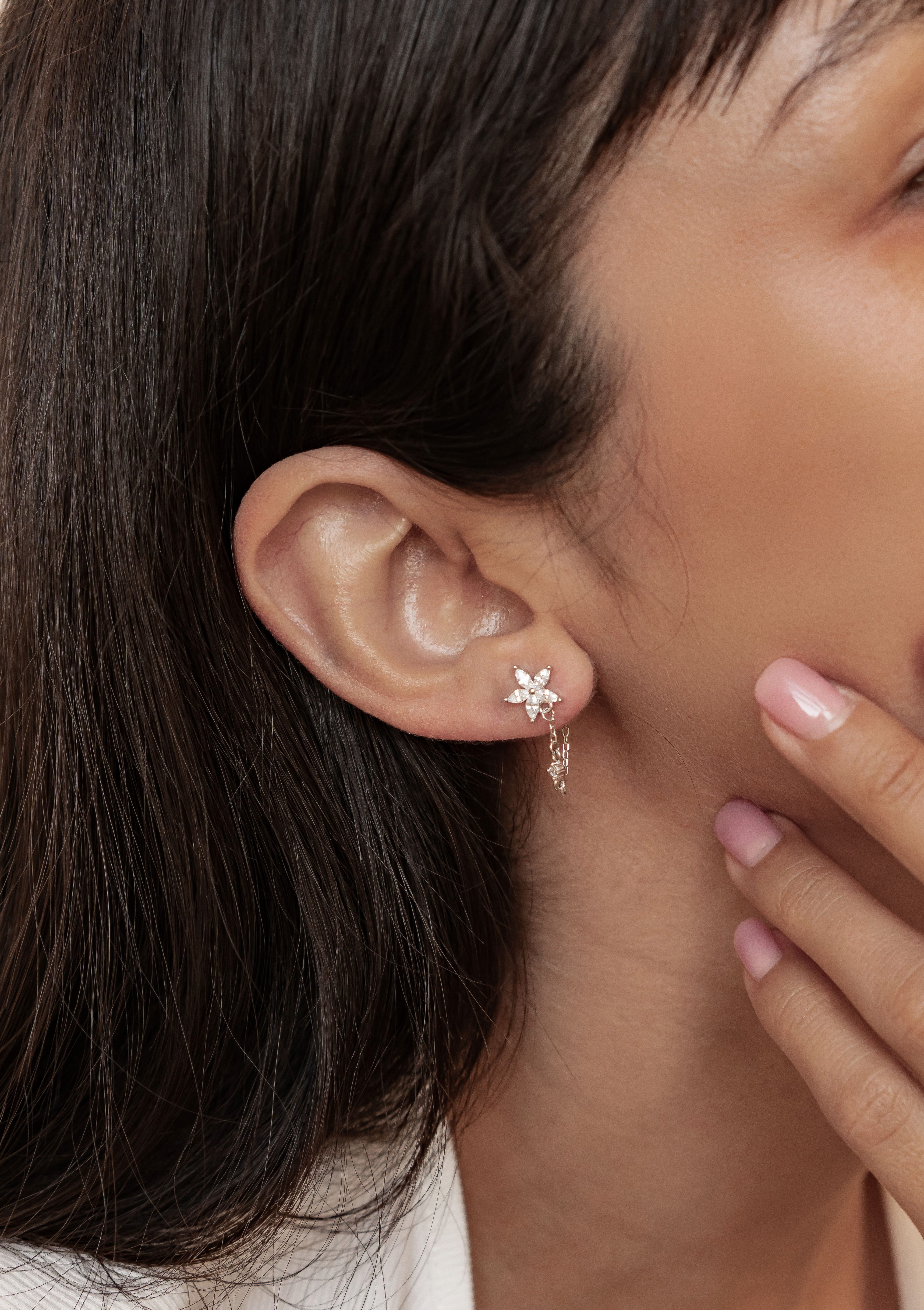 Hey Happiness Paar Ohrhänger Zirkonia Blumen Kettenohrringe, 925 Silber, Feine Hängeohrringe mit Kette vergoldet, Gold & Roségold