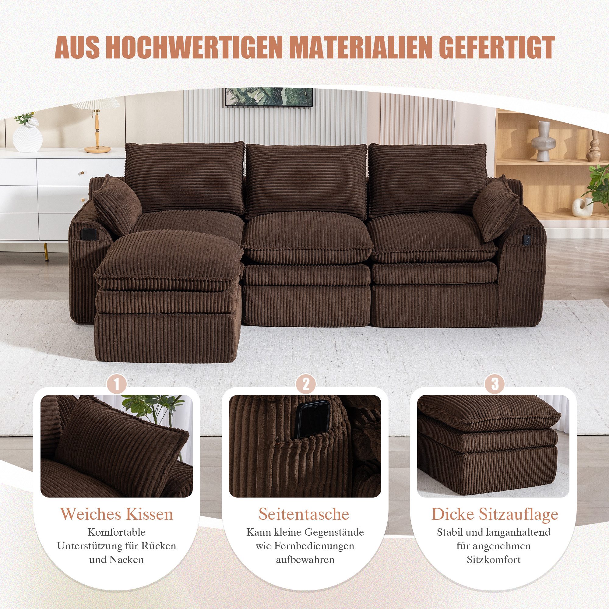 REDOM Sofa 3-Sitzer-Loungesofa mit Hocker, modulares Wohnzimmer- und Bürosystem, inklusive Kissen, zwei Seitentaschen, 3-lagiger Schaumstoff und Federkern für schnelle Rückfederung