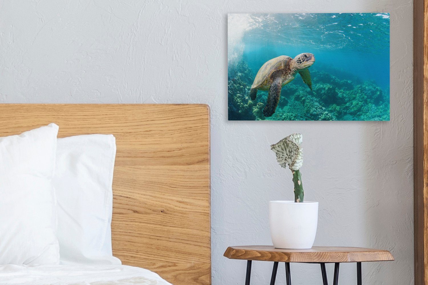 OneMillionCanvasses® Leinwandbild Eine Schildkröte Leinwandbilder, Wanddeko, dem Aufhängefertig, Hawaii, Wandbild (1 St), cm 30x20 Korallenriff über in