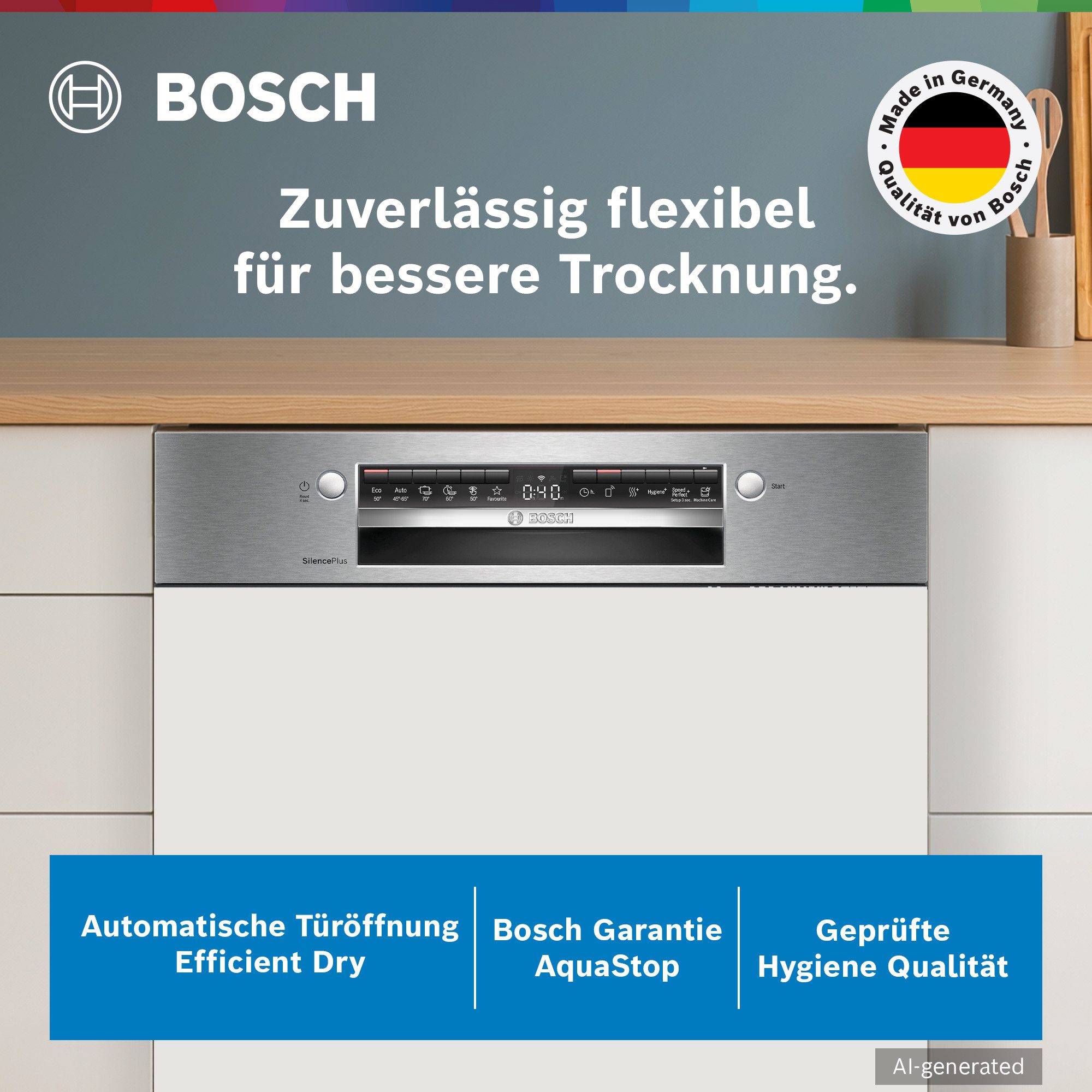 BOSCH teilintegrierbarer Geschirrspüler Serie 4 SMI4ECS32E, 14 Maßgedecke, Automatische Türöffnung für Effizienz, flexible Körbe & Schubladen