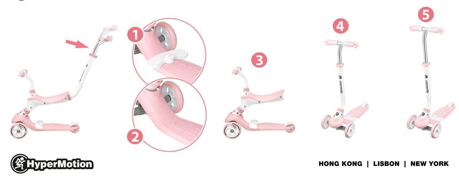 HyperMotion Dreiradscooter Roller 5in1 - Rosa, 0 km/h