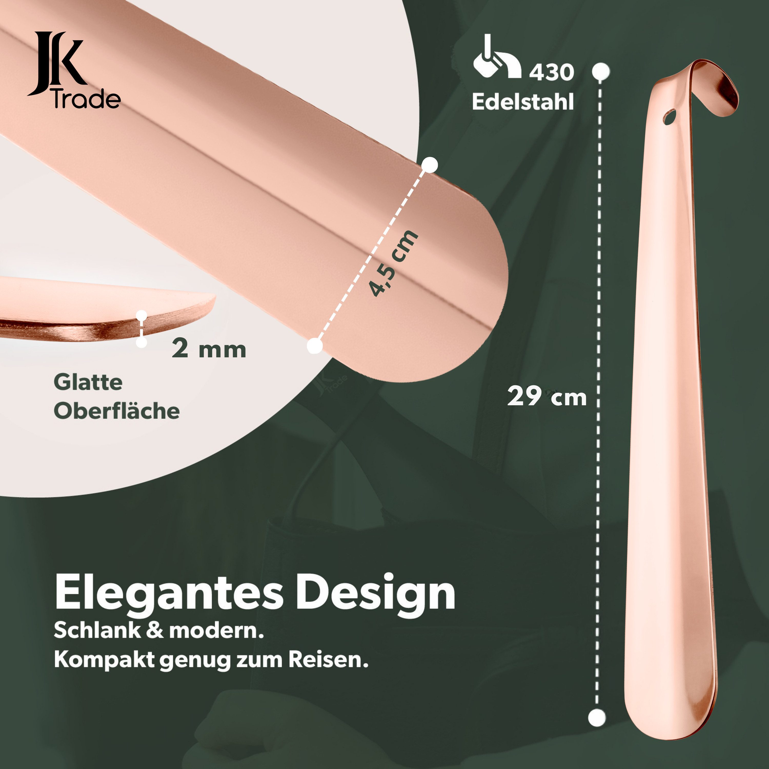 JK Trade Schuhlöffel 29cm Edelstahl Roségold poliert (1-tlg., klein & stabil), für jede Sporttasche – Aufhängbar & hochwertig verarbeitet