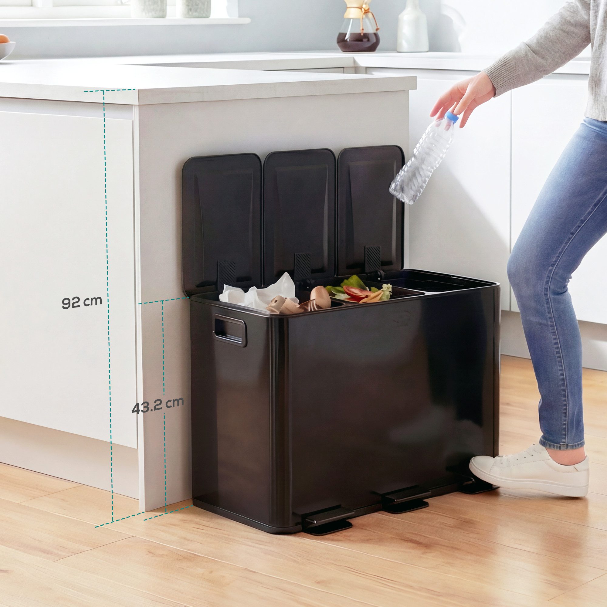 HOMCOM Mülltrennsystem Mülleimer Treteimer 3 Fächer inkl. Inneneimer, 61,9x36,6x43,2cm, Deodorant-Deckel, Edelstahl, Schwarz