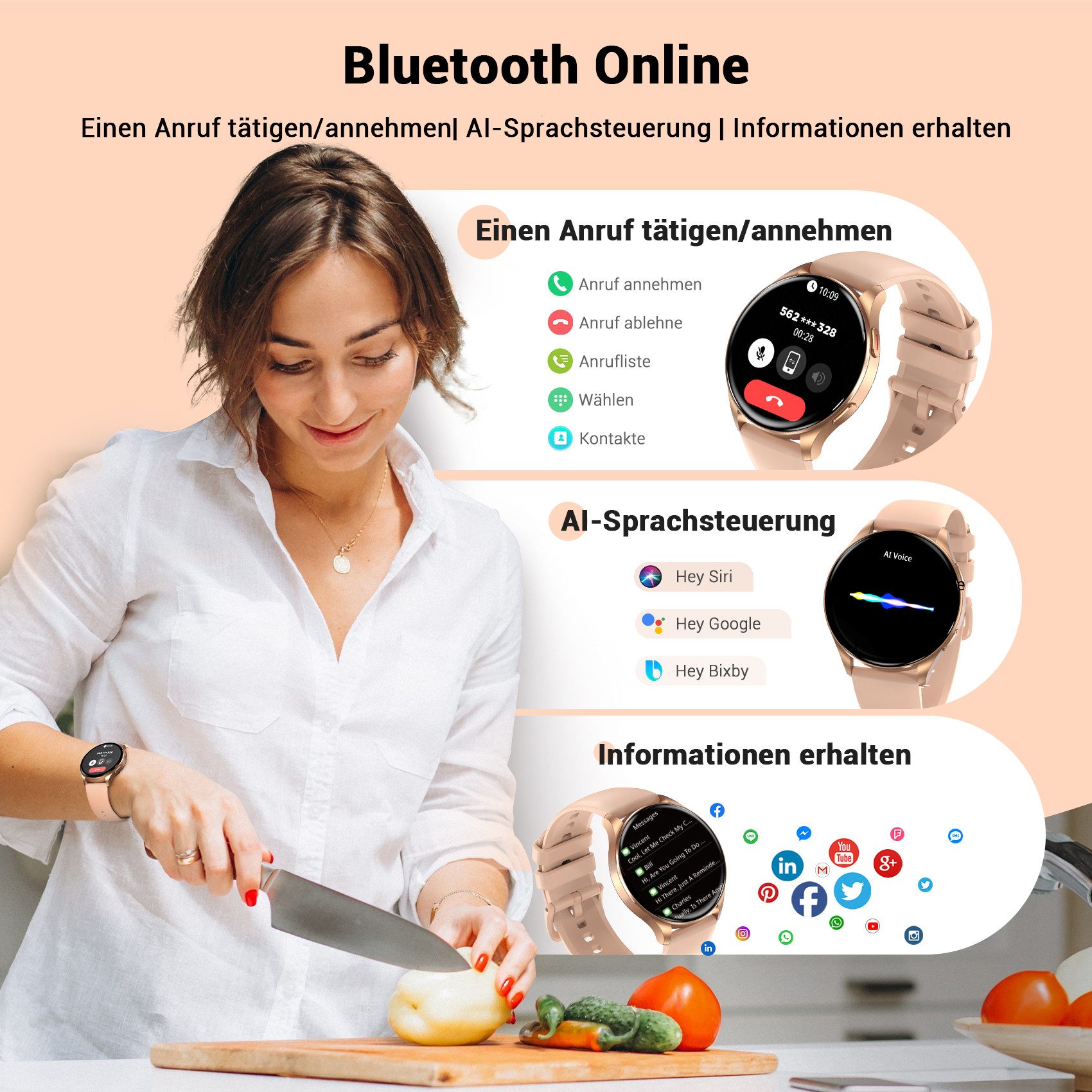 blackview Smartwatch Herren Damen,1,43" AMOLED,380mAh (5 Tage), Bluetooth-Anrufe Smartwatch (1.43 Zoll, IOS/Android), 1-tlg., 3× Armband (Metallarmband+Silikonarmband + Geflochtenes Uhrenarmband), Antwort&Anruf tätigen,KI-Sprachassistent,HR,SpO2,Schlaf,Schritten,IP68