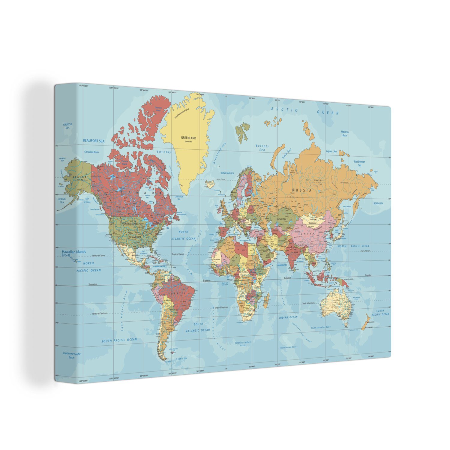 Welt 30x20 (1 - Aufhängefertig, OneMillionCanvasses® Karte Leinwandbild Leinwandbilder, Wandbild St), - Farben, Wanddeko, cm