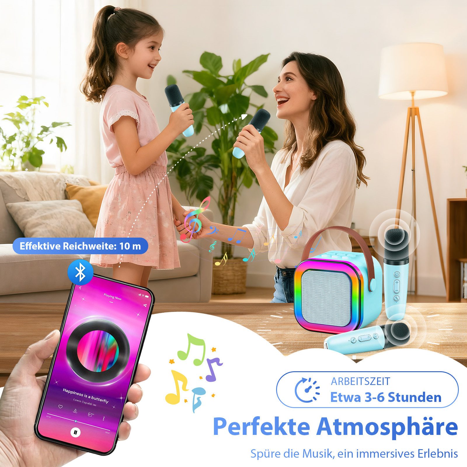 AKKEE Karaoke Maschine mit 2 Bluetooth Mikrofonen, Geschenke für 3-12 Jahre Karaoke-Maschine 1 (Bluetooth)