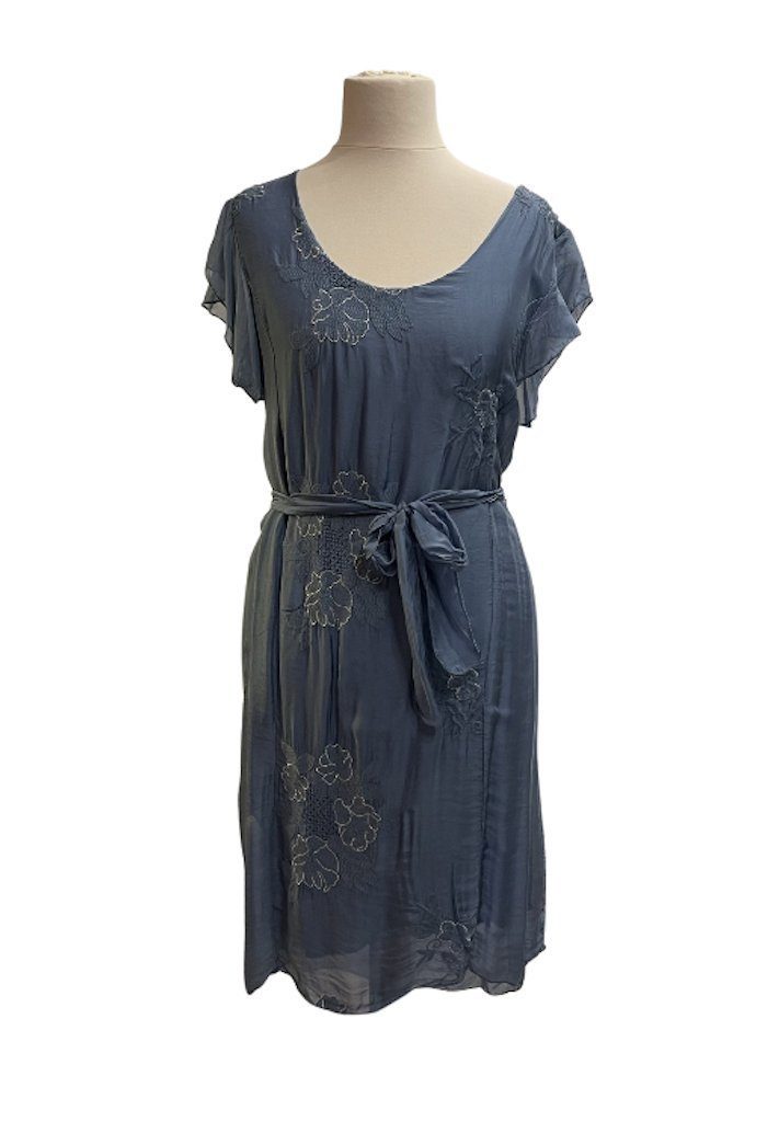 BZNA Sommerkleid Seidenkleid Sommer Herbst Kleid mit Muster Mittelblau
