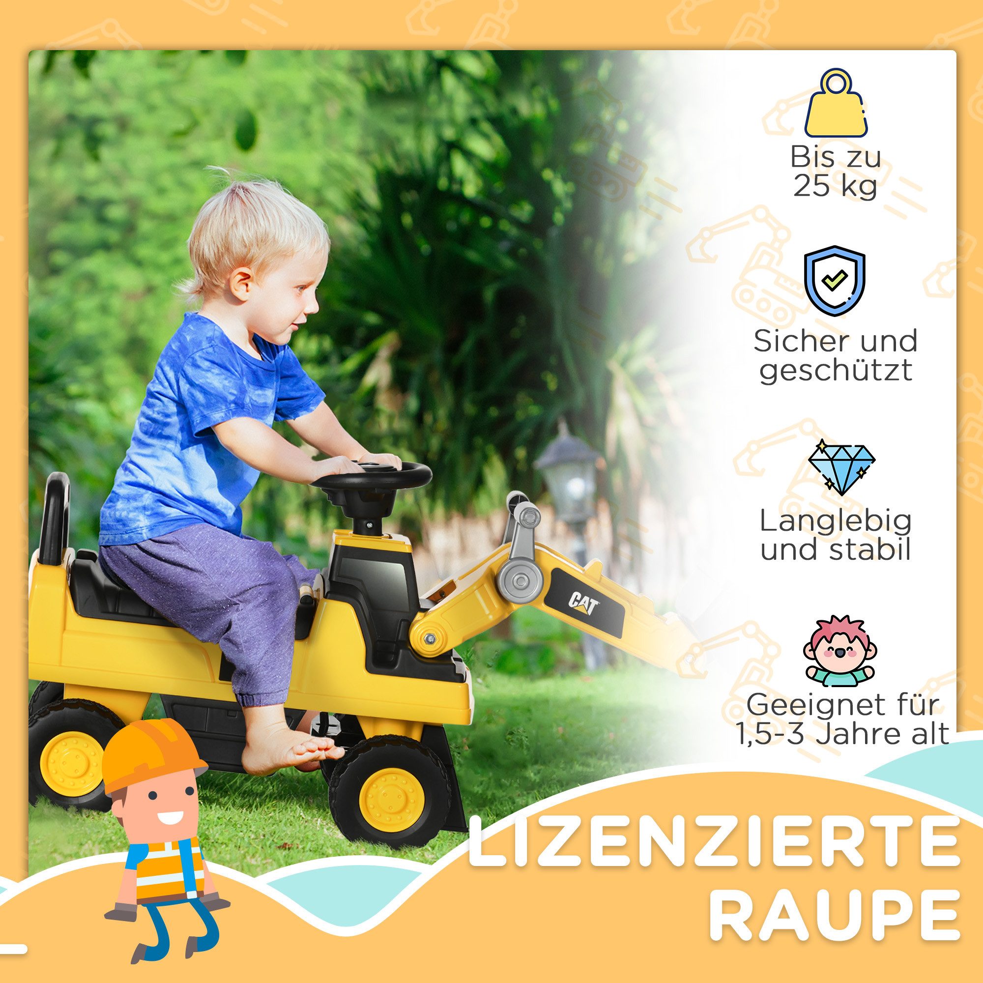 HOMCOM Rutscher Kinderbagger mit beweglicher Schaufel, (Rutscherfahrzeug, 1-tlg., Rutschauto für Kinder), Gelb+Schwarz 78 x 29,5 x 54 cm – Bild 4 von 5